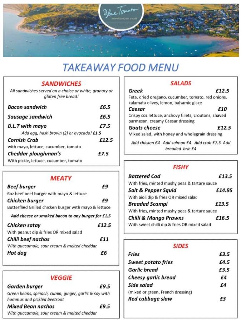 Takeaway Restaurant Menu Page - Blue Tomato Cafe - Wadebridge