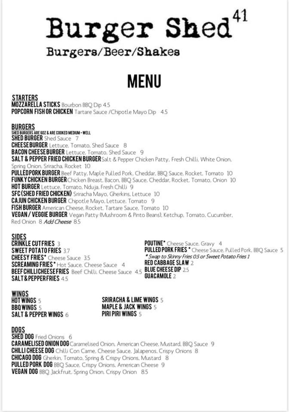 Takeaway Restaurant Menu Page - Burger Shed 41 - Chester