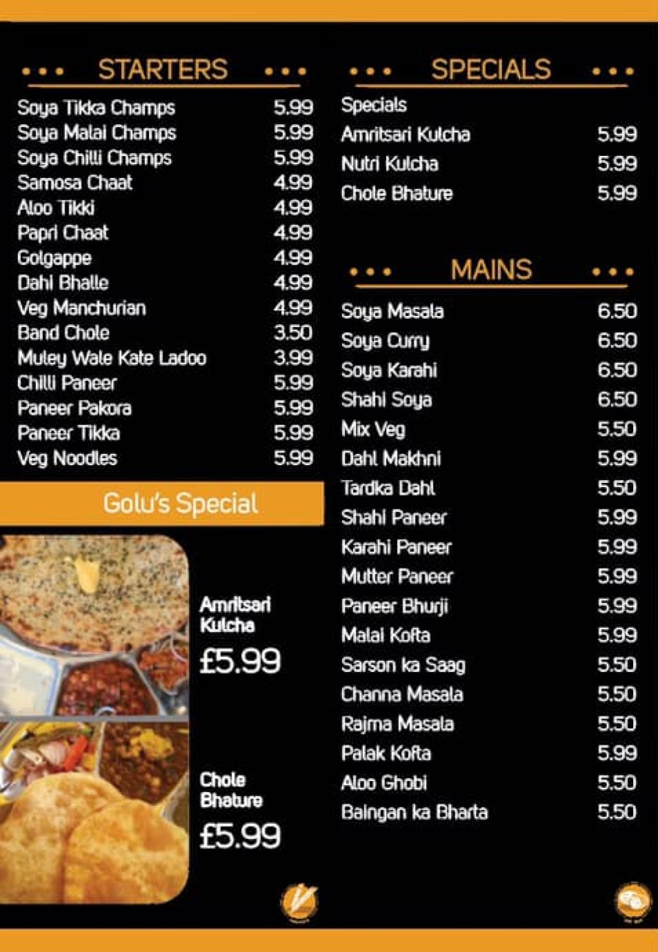 Takeaway Restaurant Menu Page - Golu Da Dhaba Punjabi Cuisine - Smethwick