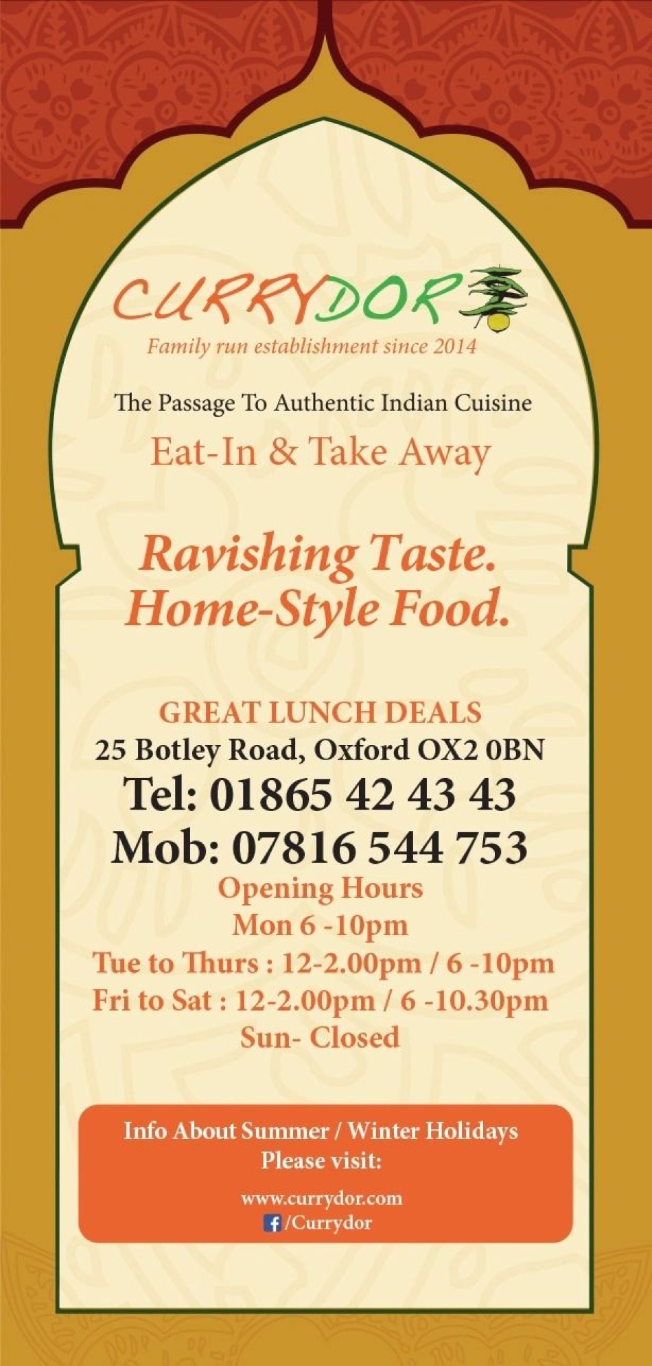 Takeaway Restaurant Menu Page - Currydor Indian restaurant - Oxford