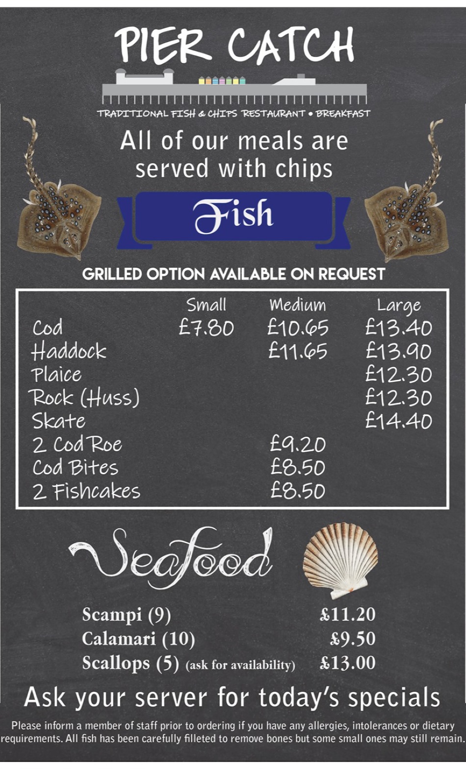 Takeaway Restaurant Menu Page - PIER CATCH Fish and chips restaurant - Hastings
