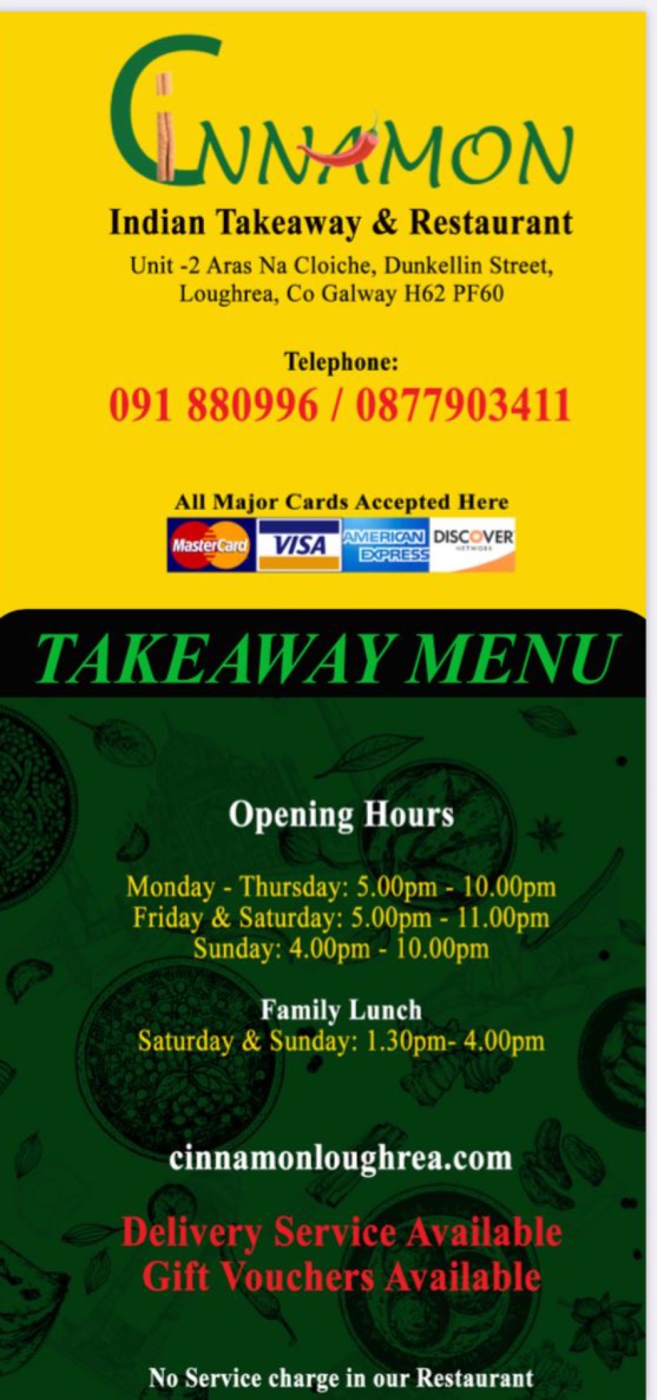 Takeaway Restaurant Menu Page - Cinnamon indian restaurant - Loughrea