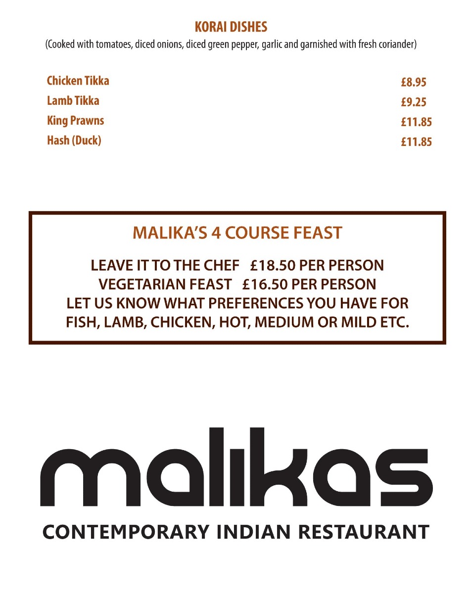 Takeaway Restaurant Menu Page - Malikas Indian Restaurant - Oxford