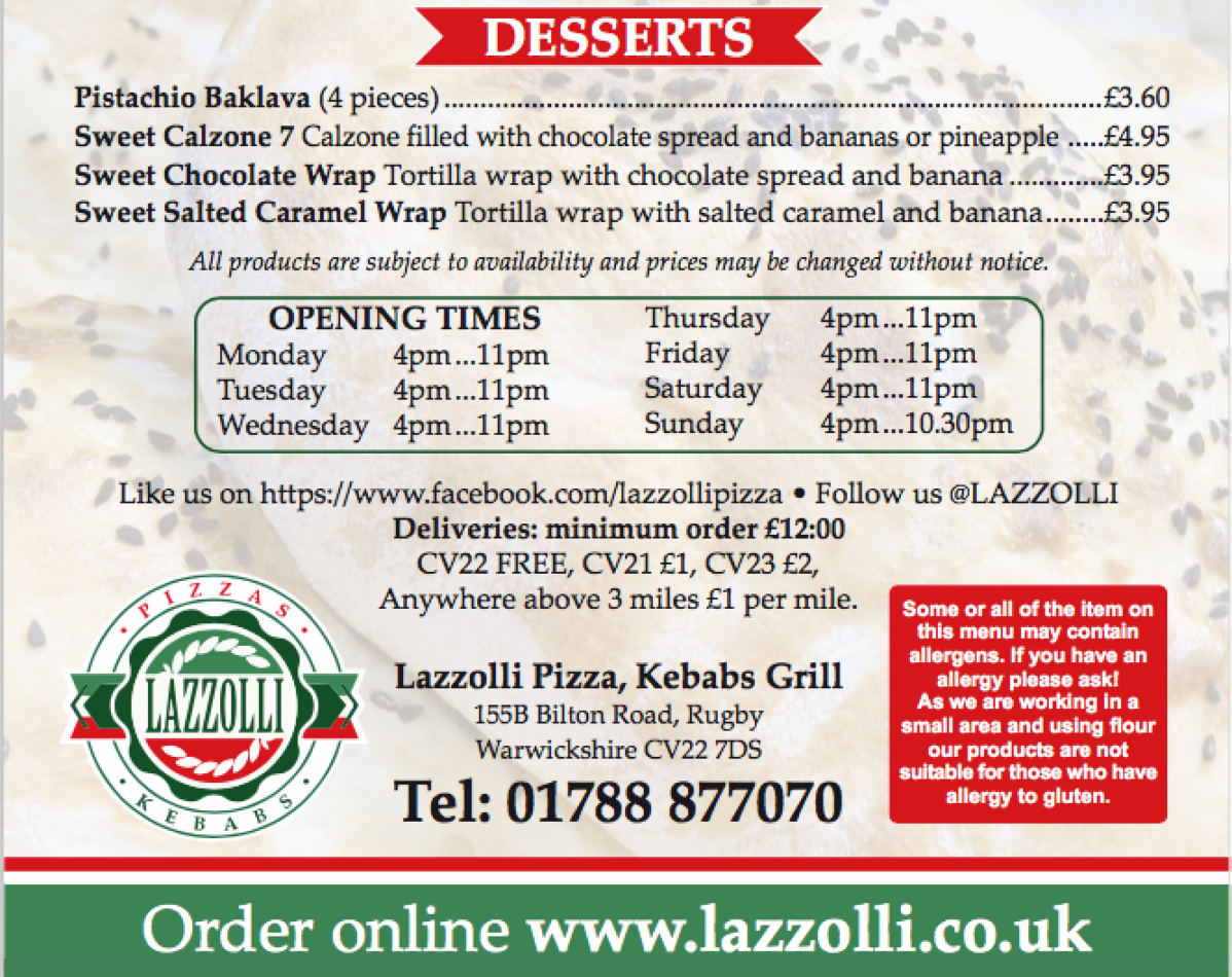 Takeaway Restaurant Menu Page - Lazzolli Pizzas and Kebabs - Rugby