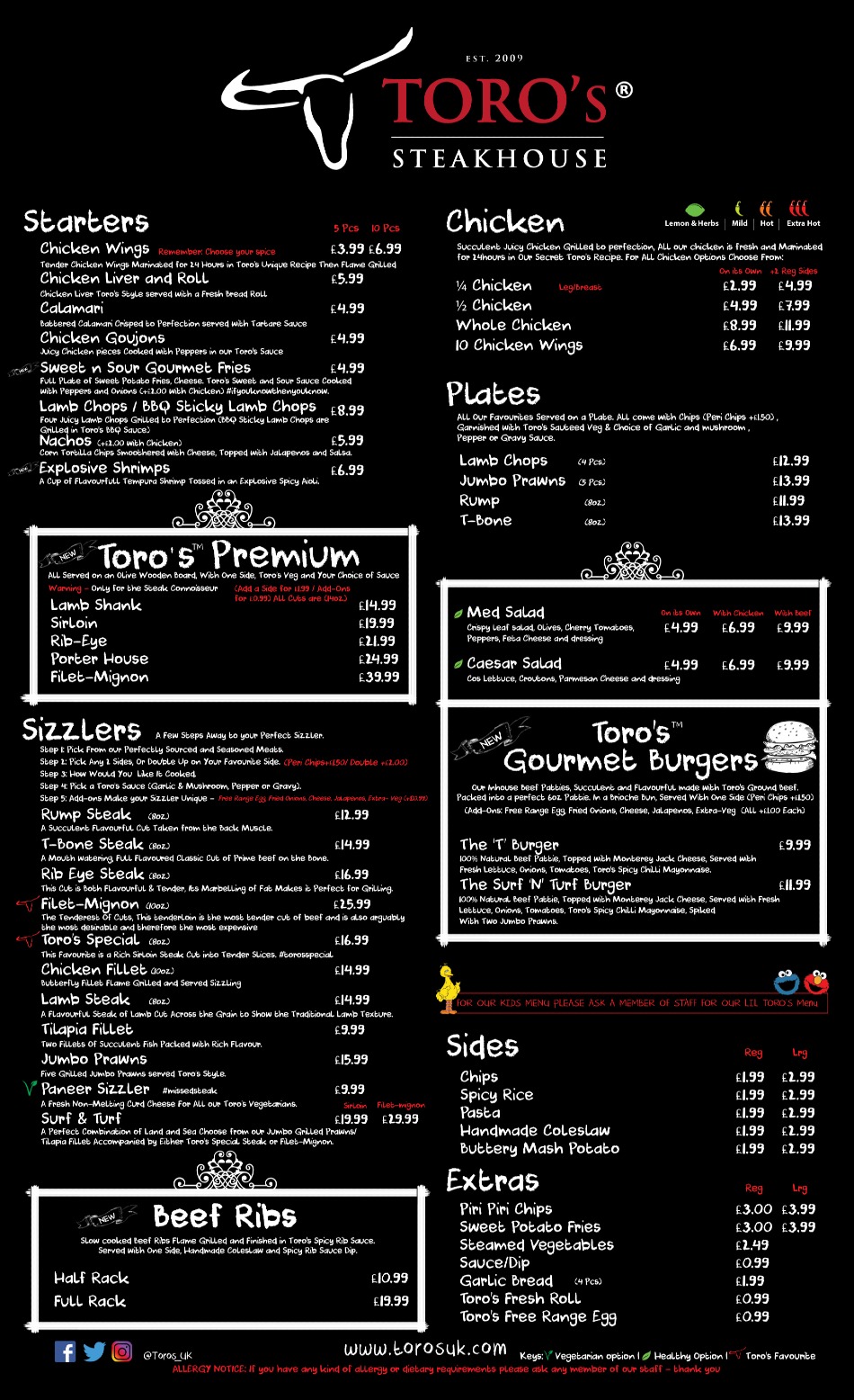 Takeaway Restaurant Menu Page - Toros Steakhouse Nottingham - Nottingham