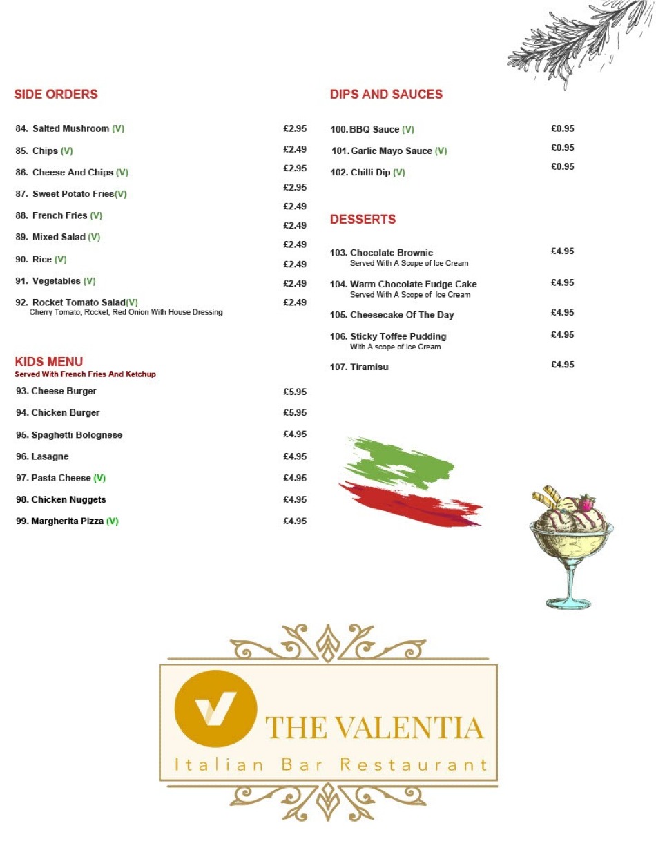 Takeaway Restaurant Menu Page - The Valentia Italian bar & Restaurant - Newcastle upon Tyne