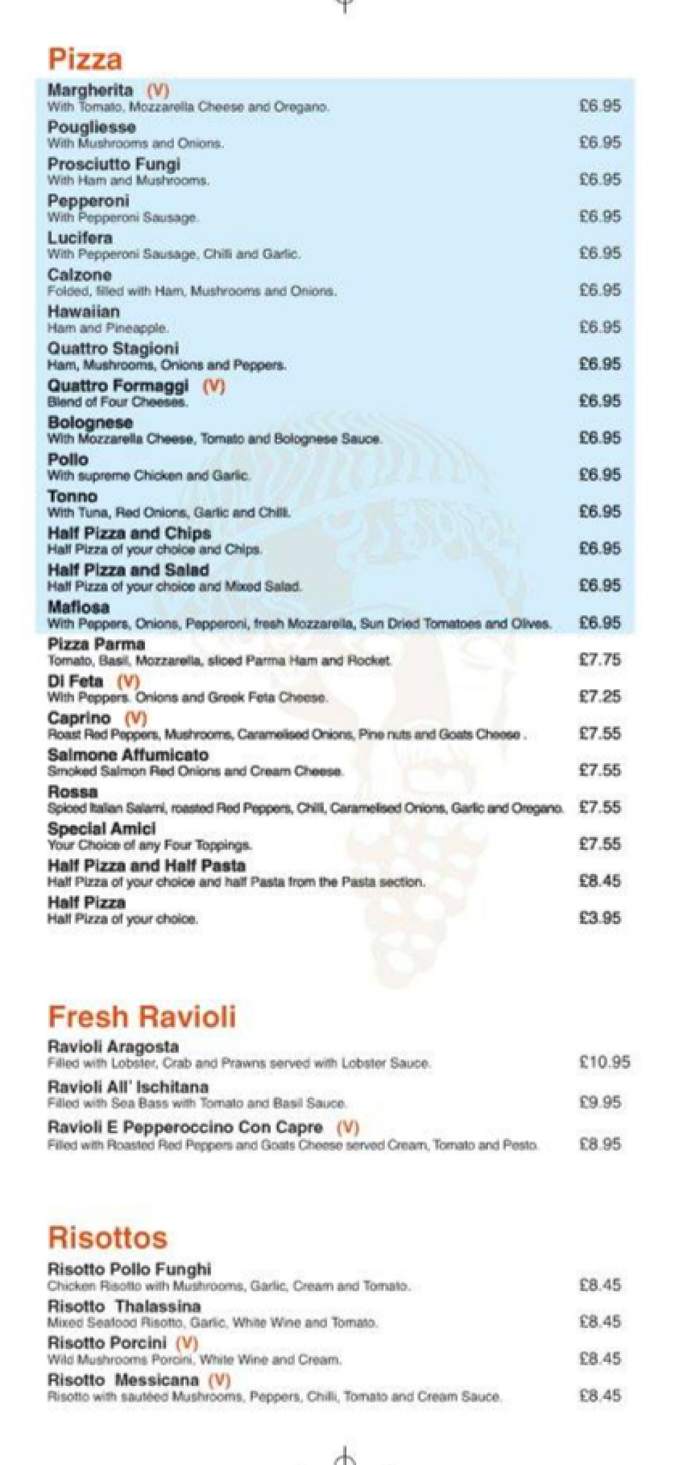 Takeaway Restaurant Menu Page - Amici Restaurant Italian restaurant - Newcastle upon Tyne
