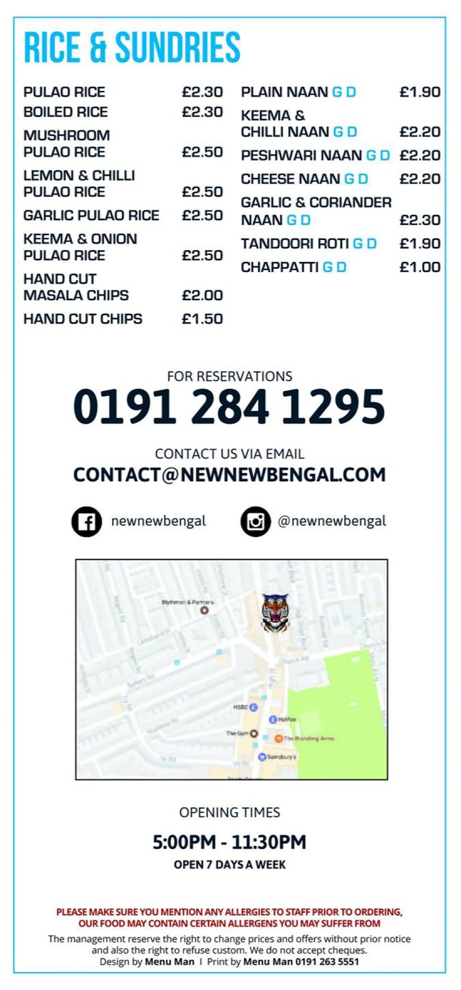 Takeaway Restaurant Menu Page - New New Bengal - Newcastle upon Tyne
