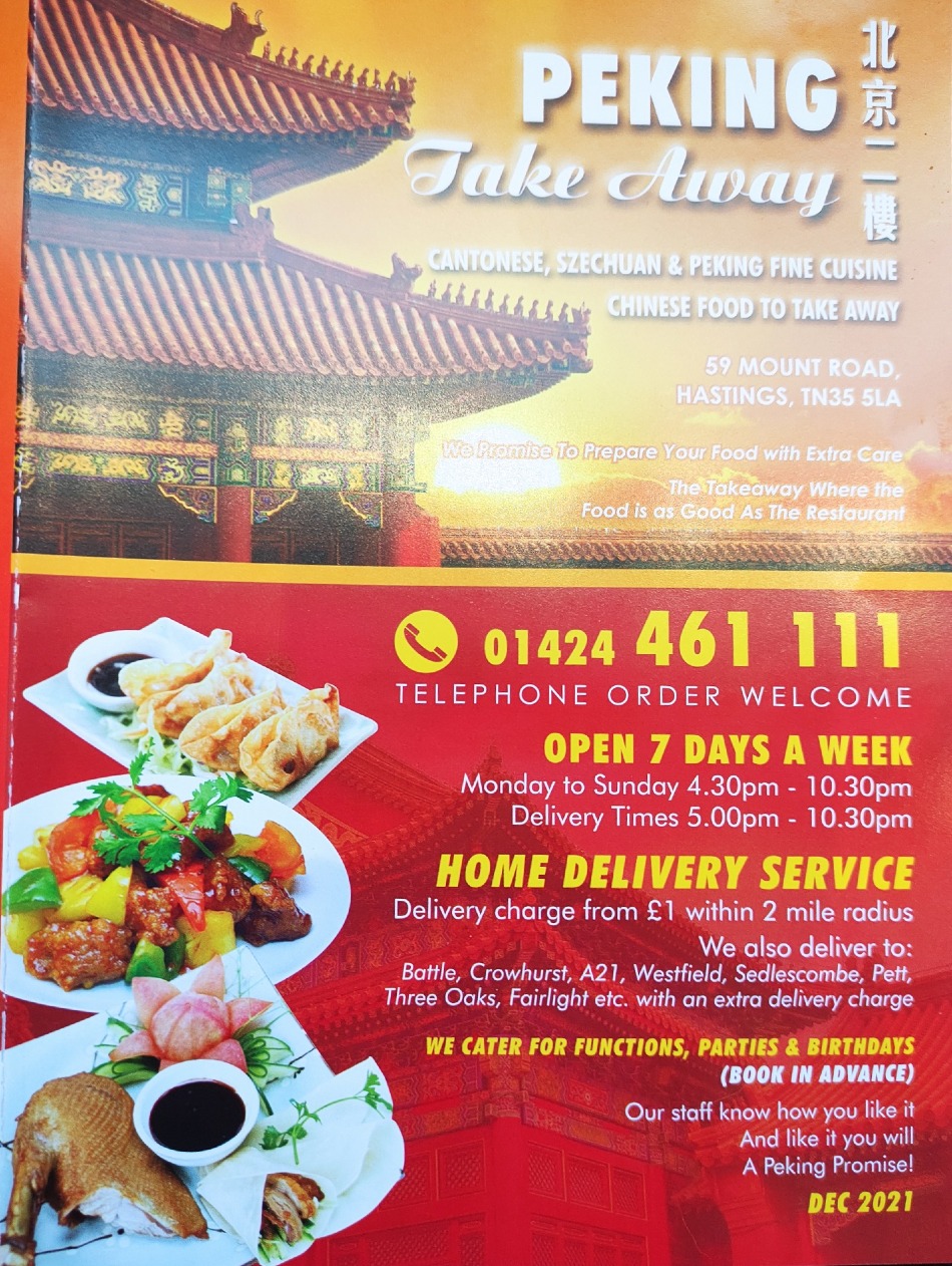 Takeaway Restaurant Menu Page - Peking Chinese Take Away - Hastings