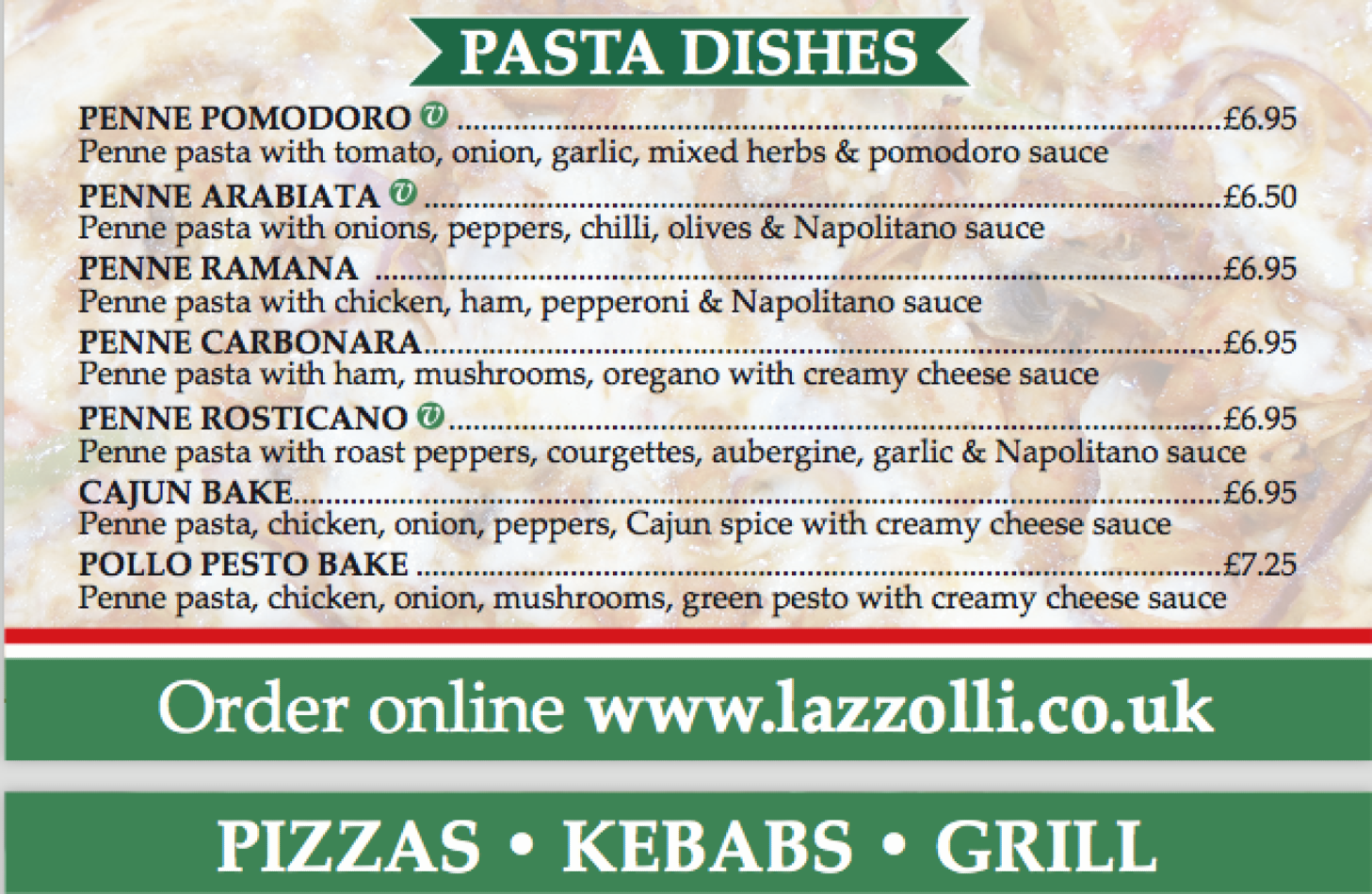 Takeaway Restaurant Menu Page - Lazzolli Pizzas and Kebabs - Rugby
