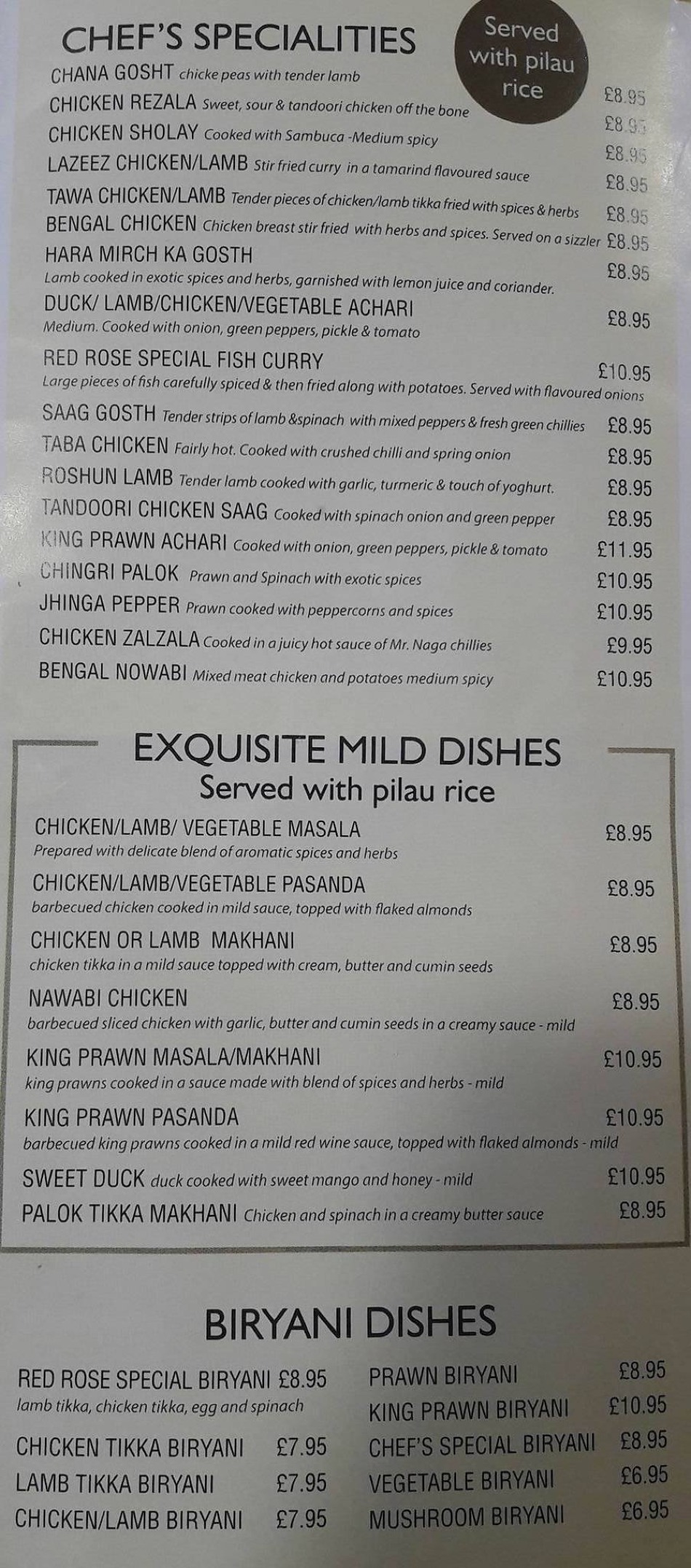 Takeaway Restaurant Menu Page - The New Red Rose Indian restaurant - Exeter