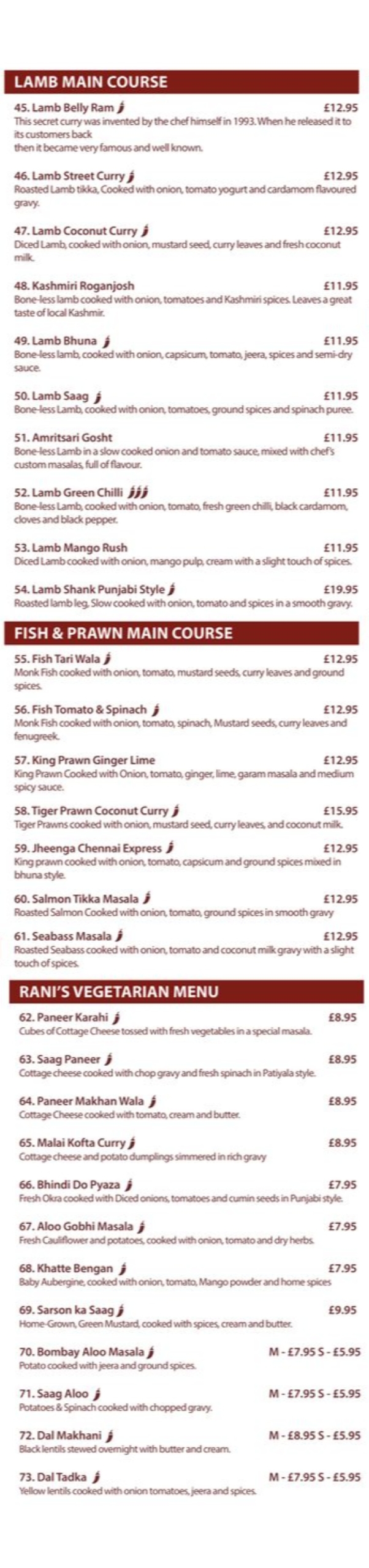 Takeaway Restaurant Menu Page - Rani Indian Restaurant - Newcastle upon Tyne