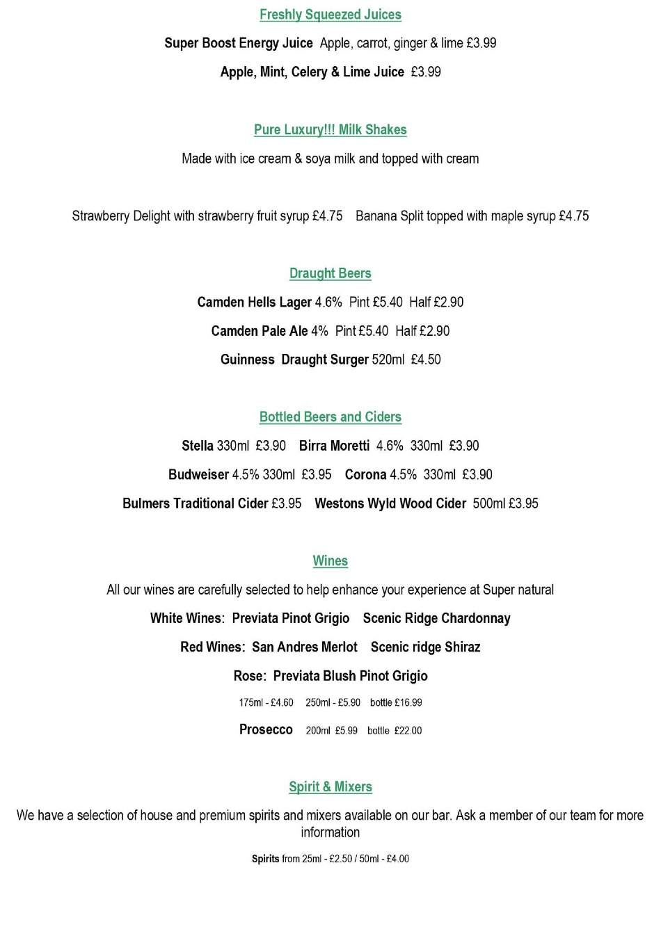 Takeaway Restaurant Menu Page - Super Natural Cafe - Newcastle upon Tyne
