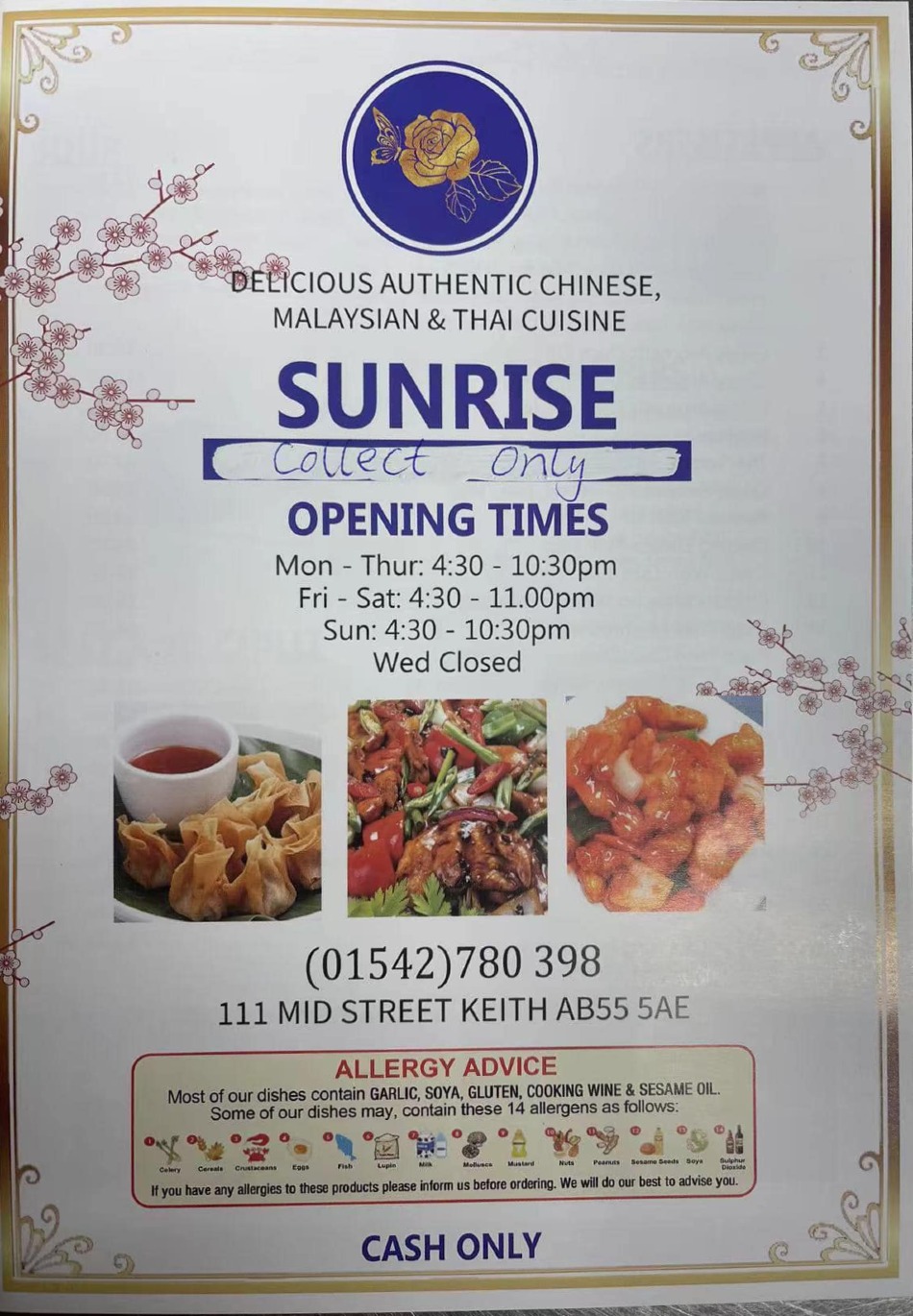Takeaway Restaurant Menu Page - Sunrise Chinese, Malaysian & Thai takeaway - Keith