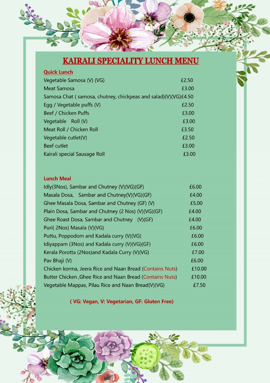 Takeaway Restaurant Menu Page - Kairali South Indian Takeaway - Norwich
