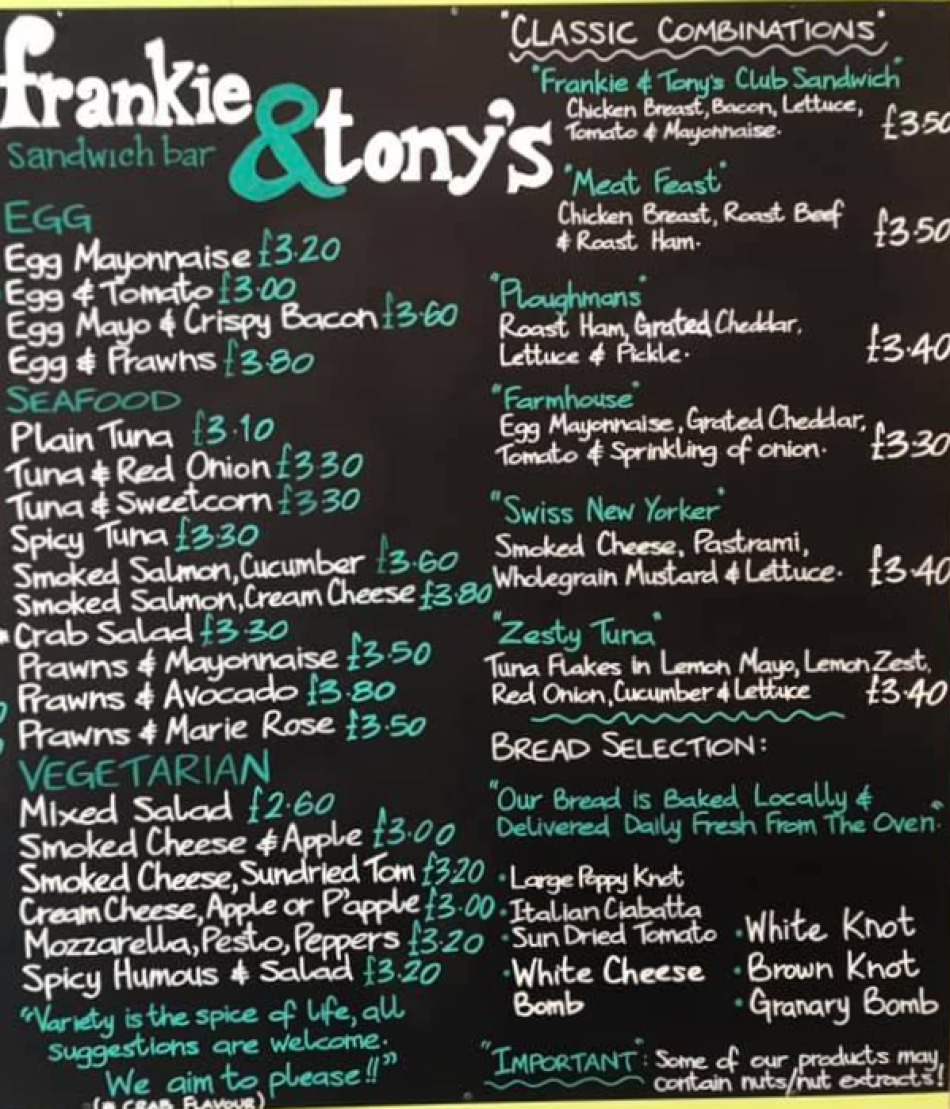 Takeaway Restaurant Menu Page - Frankie & Tonys Sandwich Bar - Newcastle upon Tyne
