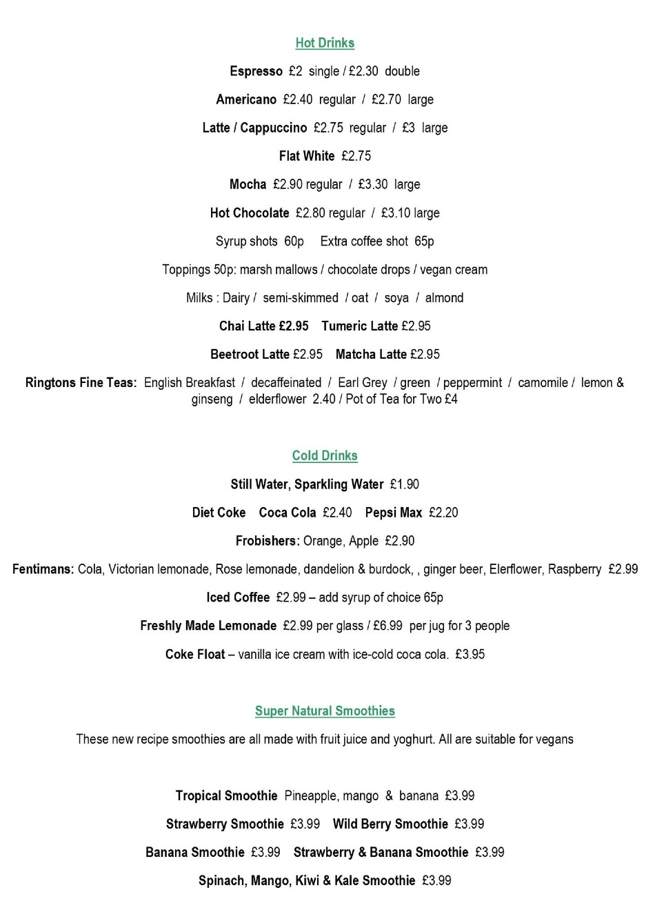Takeaway Restaurant Menu Page - Super Natural Cafe - Newcastle upon Tyne
