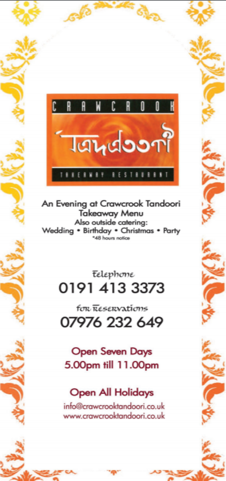 Takeaway Restaurant Menu Page - Crawcrook Tandoori - Ryton