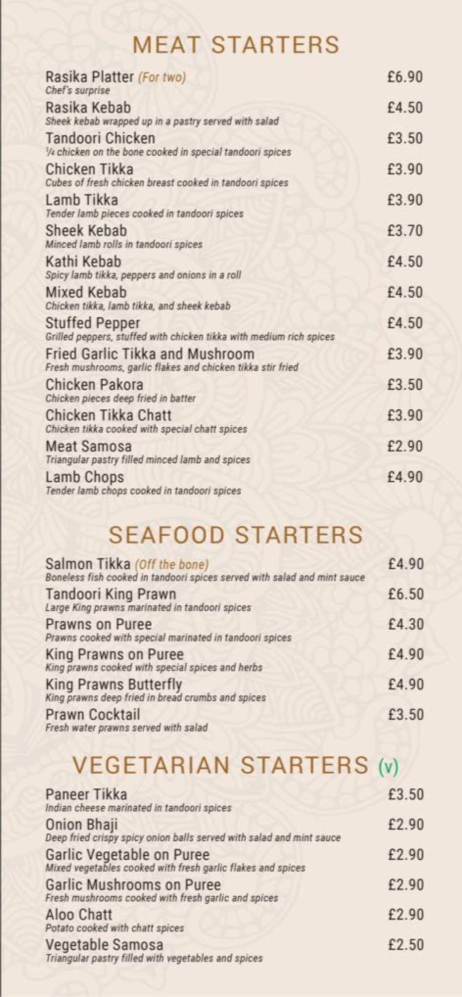 Takeaway Restaurant Menu Page - Rasika Indian Restaurant - Newcastle upon Tyne