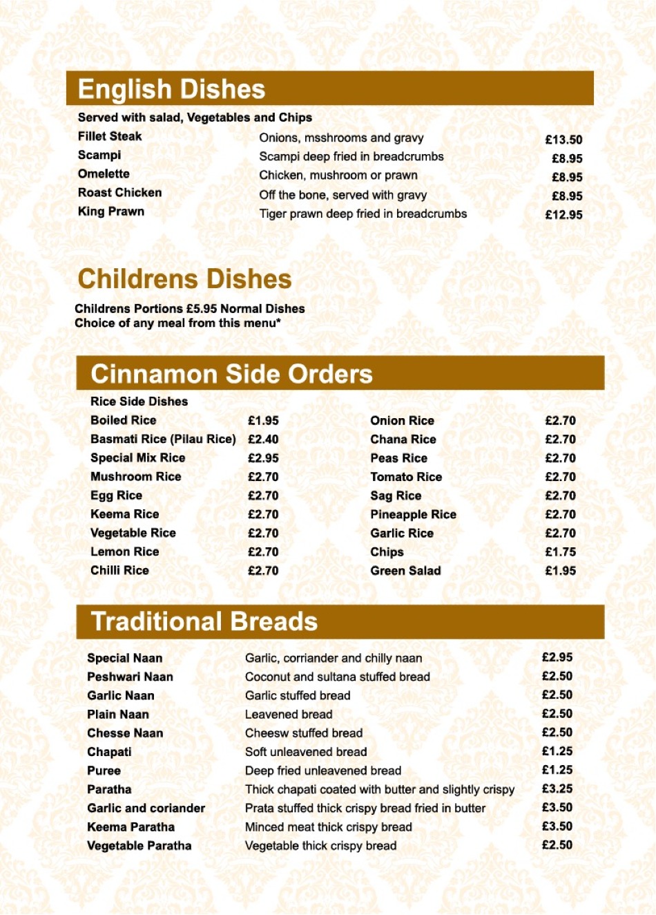 Takeaway Restaurant Menu Page - Cinnamon Indian Cuisine - Wigan