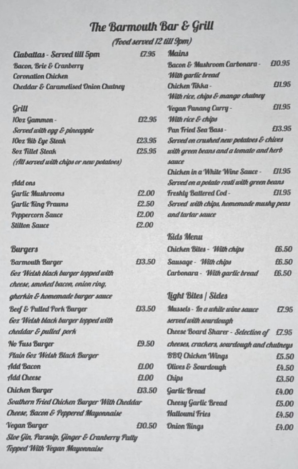 Takeaway Restaurant Menu Page - Barmouth Bar & Grill Freehouse - Barmouth