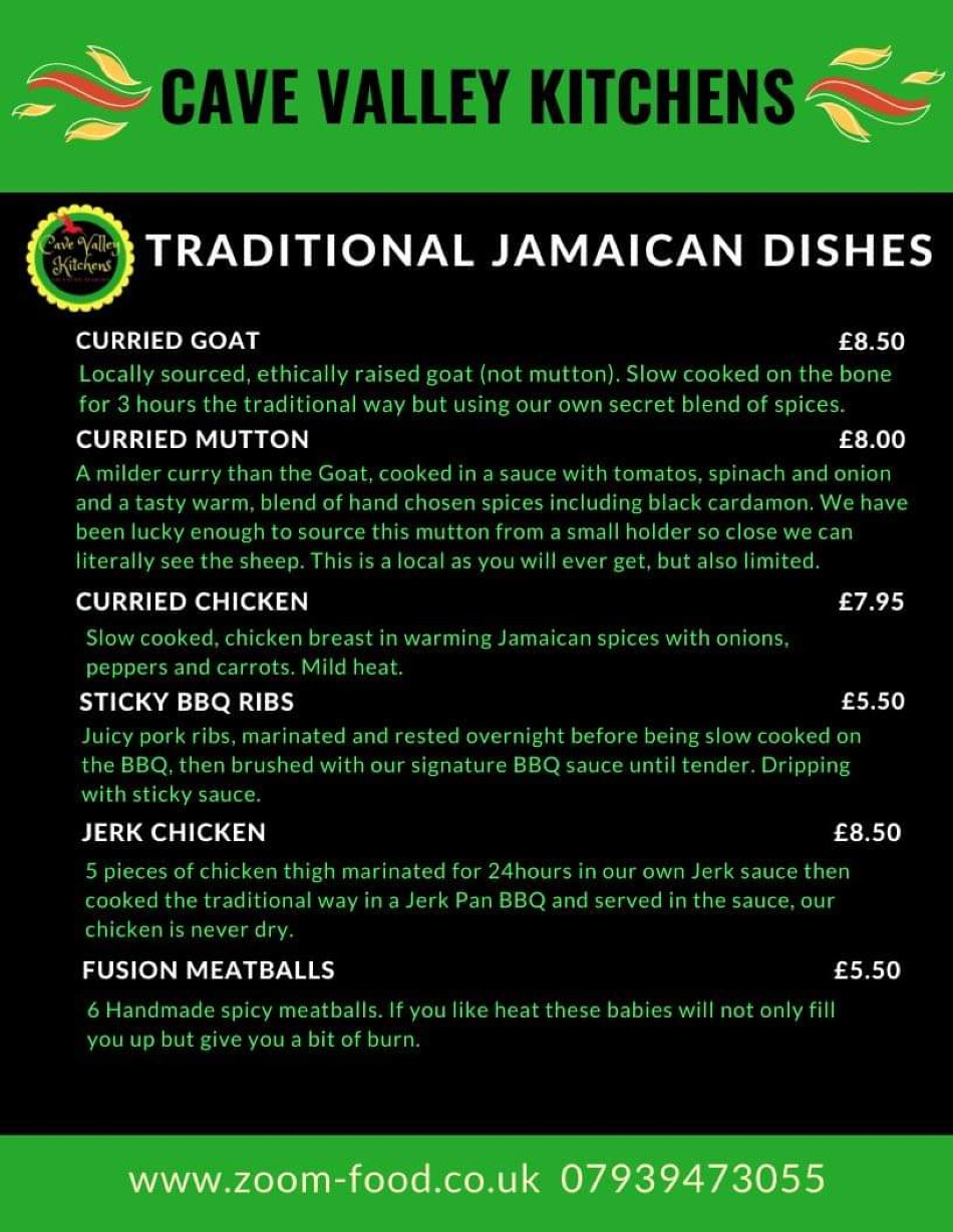 Takeaway Restaurant Menu Page - Cave Valley Kitchens Jamaican Cuisine - Oswestry