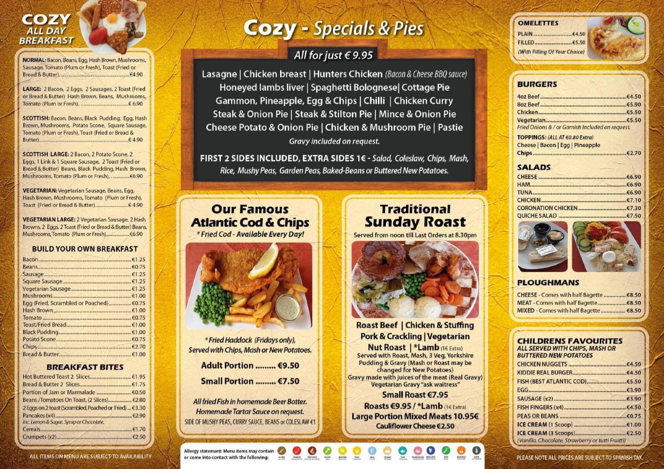 Takeaway Restaurant Menu Page - Cozy Cafe - Costa Adeje