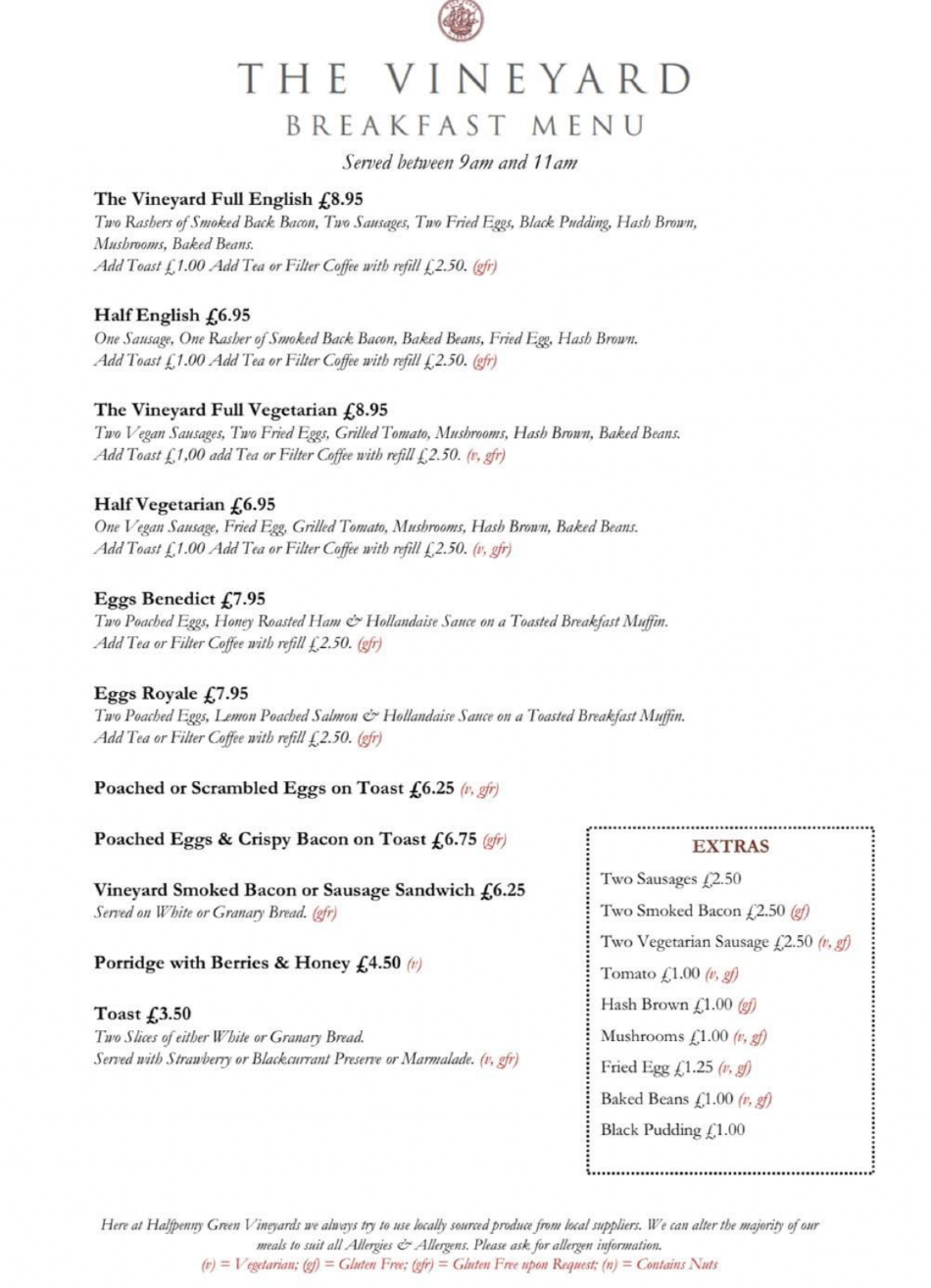 Takeaway Restaurant Menu Page - The Vineyard - Stourbridge