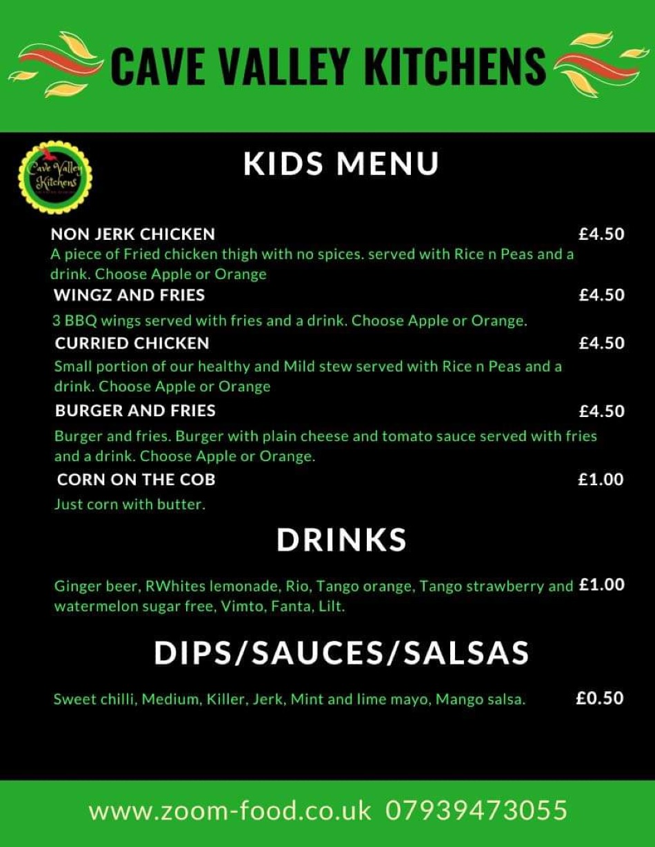 Takeaway Restaurant Menu Page - Cave Valley Kitchens Jamaican Cuisine - Oswestry