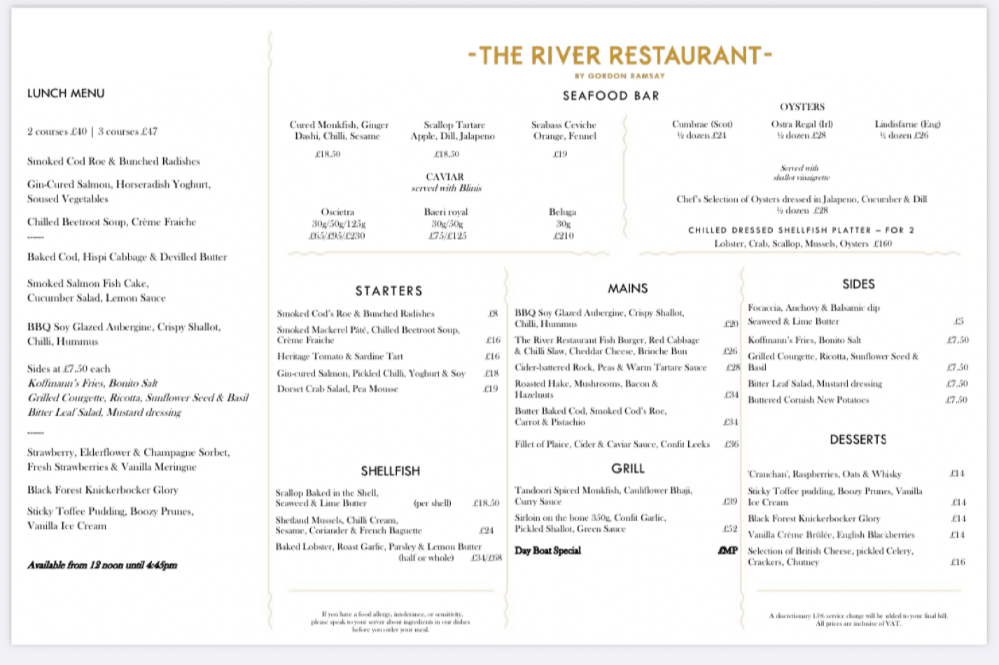 Takeaway Restaurant Menu Page - The River Restaurant - London