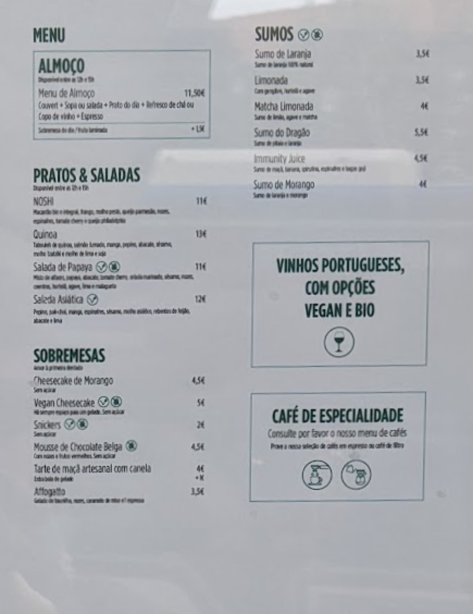 Takeaway Restaurant Menu Page - NOSHI Coffee & Healthy Food - Porto