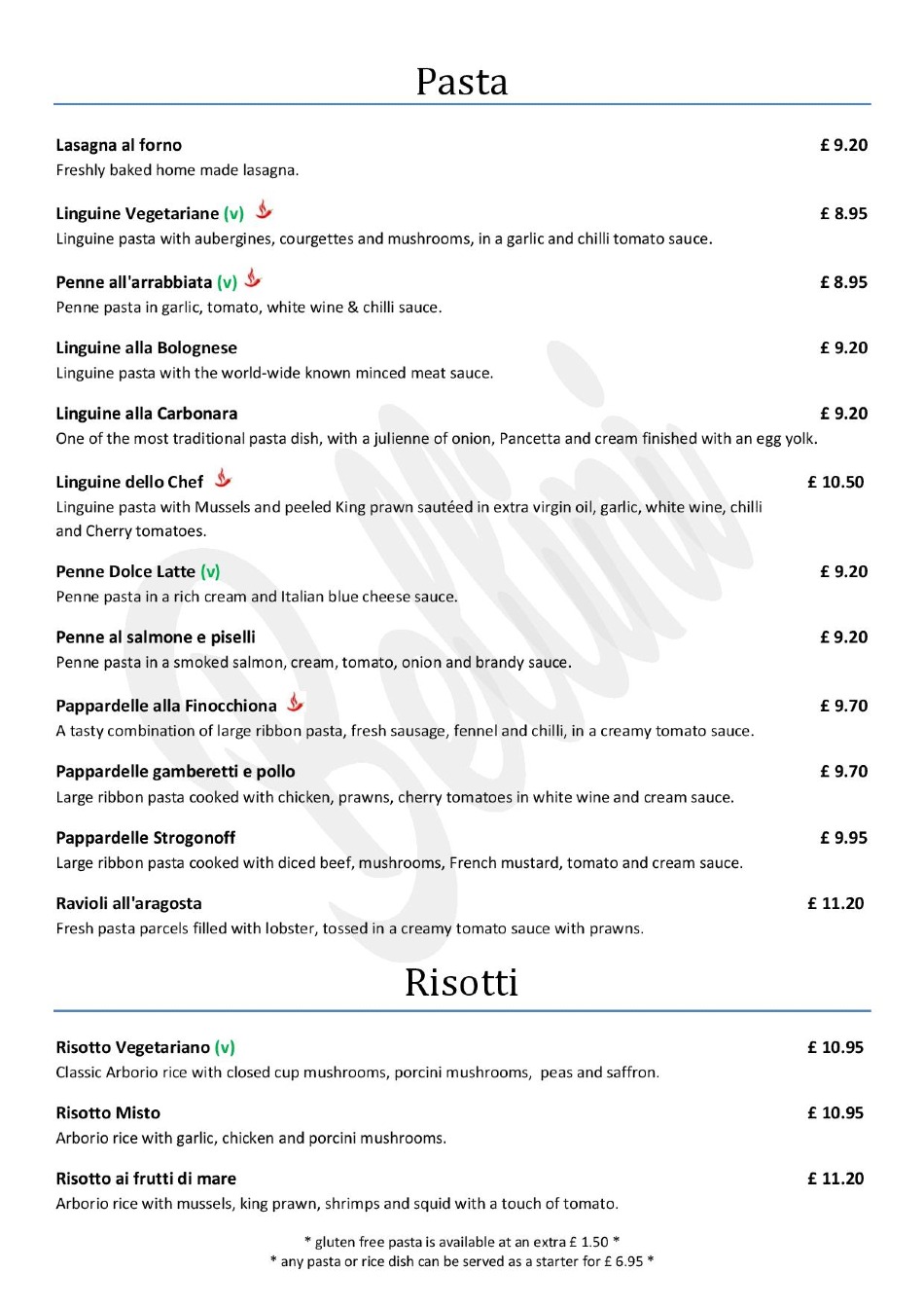 Takeaway Restaurant Menu Page - Bellini Italian Restaurant - Melton Mowbray