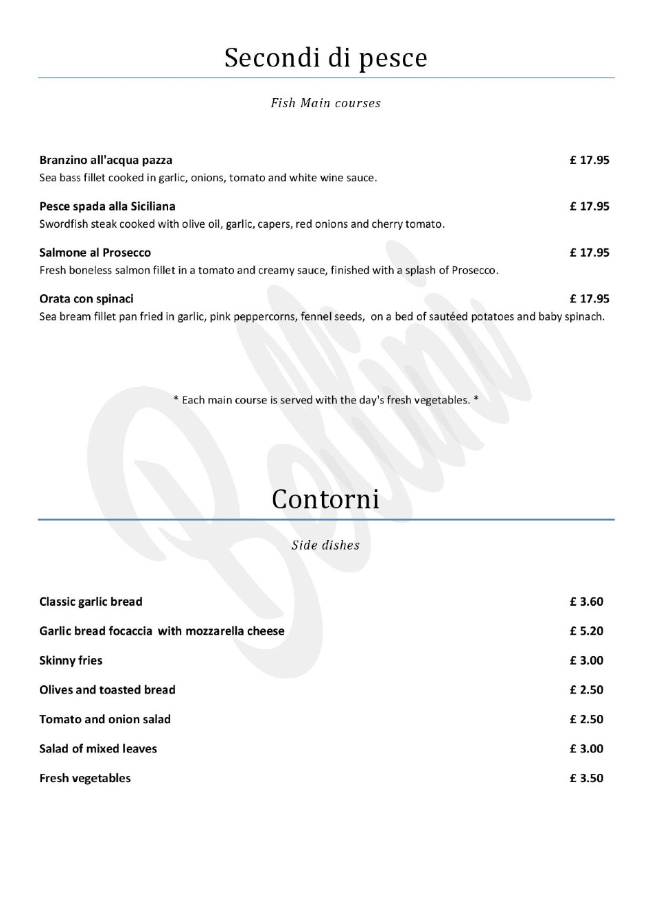 Takeaway Restaurant Menu Page - Bellini Italian Restaurant - Melton Mowbray