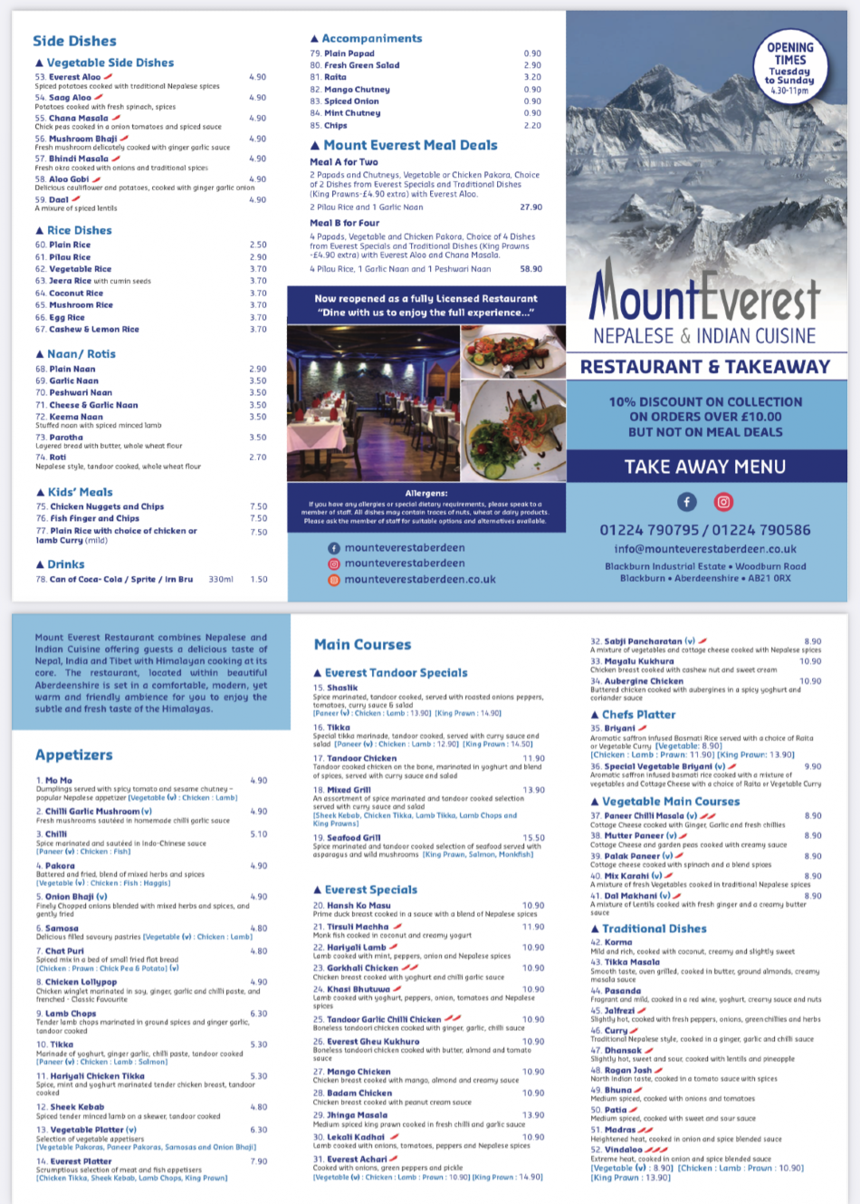 Takeaway Restaurant Menu Page - Mount Everest Restaurant - Aberdeen