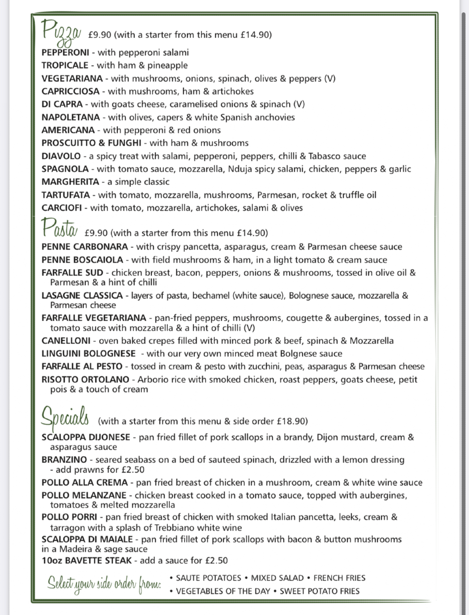 Takeaway Restaurant Menu Page - Prima Ristorante Italiano - Ripon