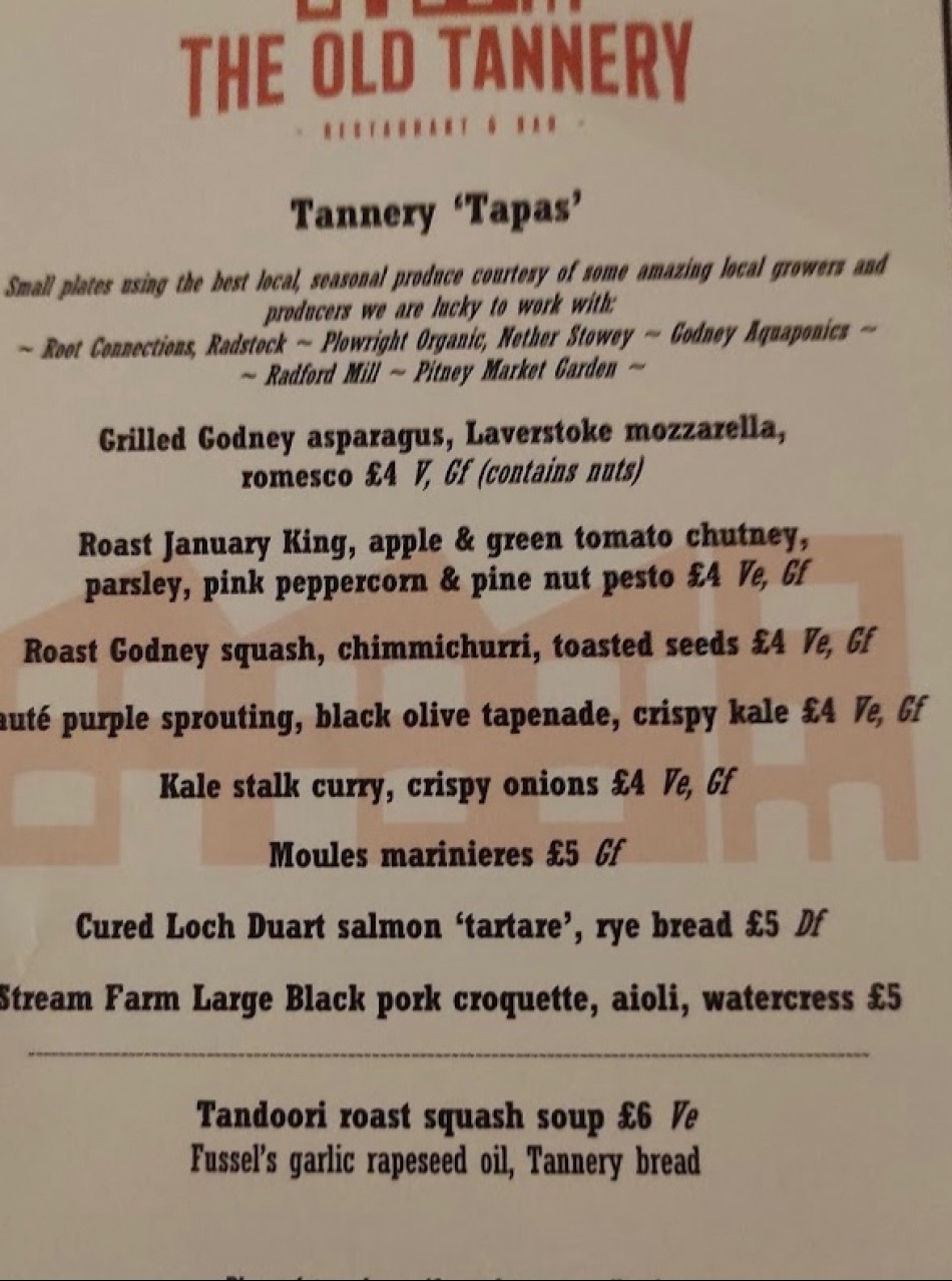 Takeaway Restaurant Menu Page - The Old Tannery - Glastonbury