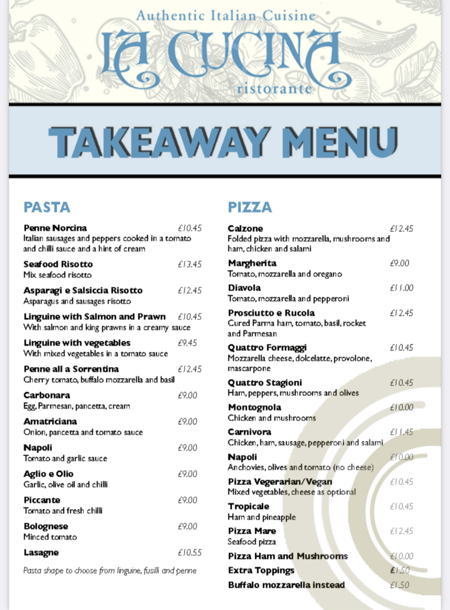 Takeaway Restaurant Menu Page - La Cucina - Stirling