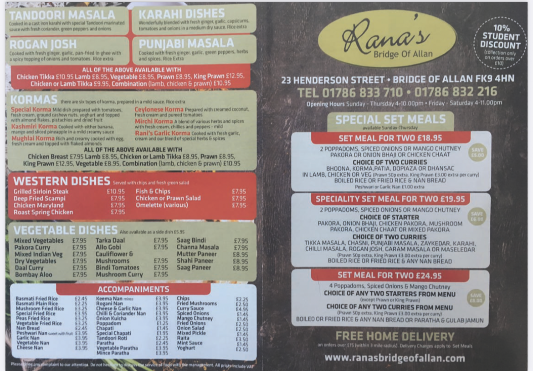 Takeaway Restaurant Menu Page - Rana’s - Stirling