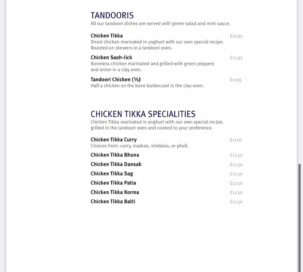 Takeaway Restaurant Menu Page - The Shanaz Indian Restaurant - Truro