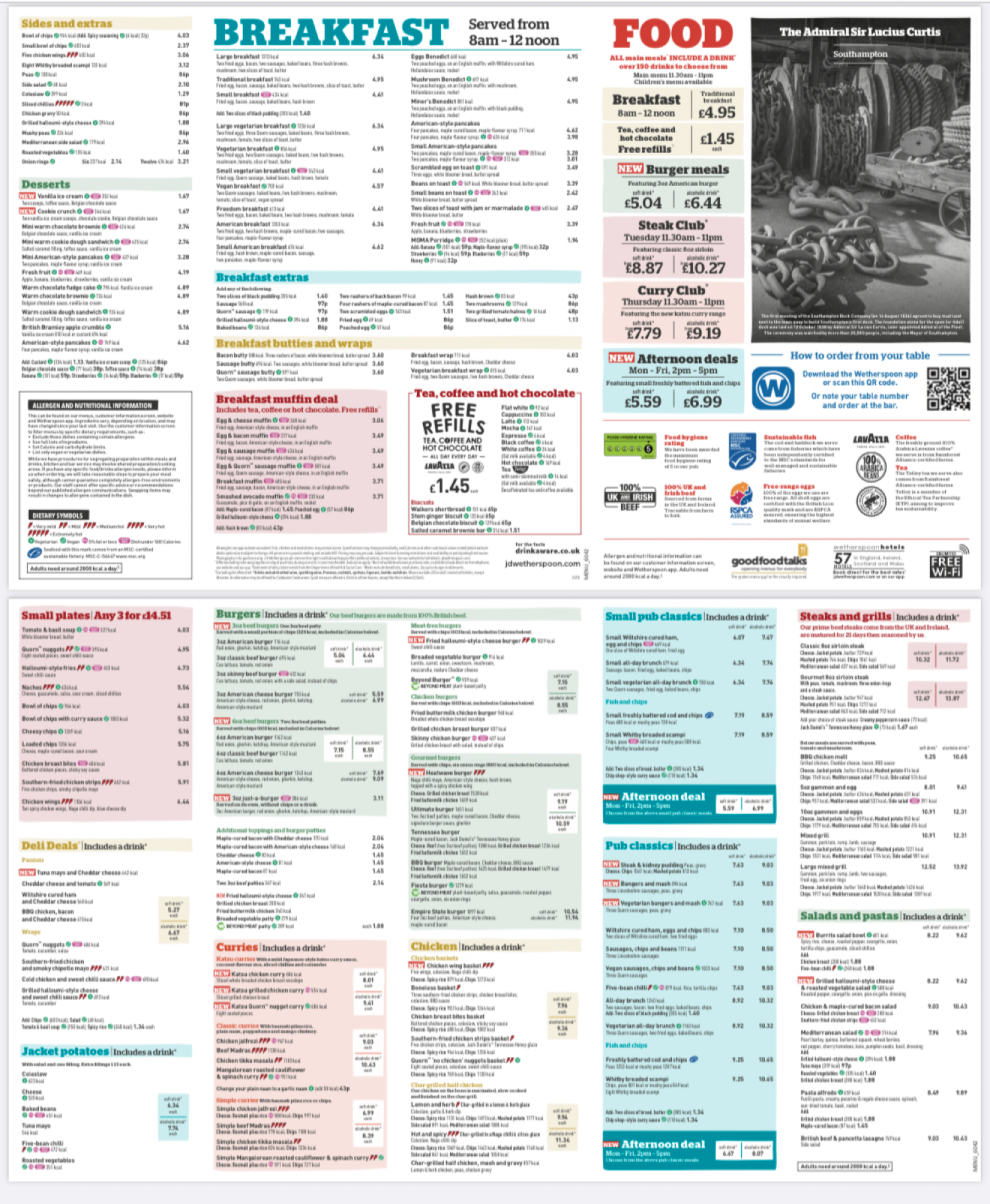 Takeaway Restaurant Menu Page - Wetherspoons – The Admiral Sir Lucius Curtis - Southampton