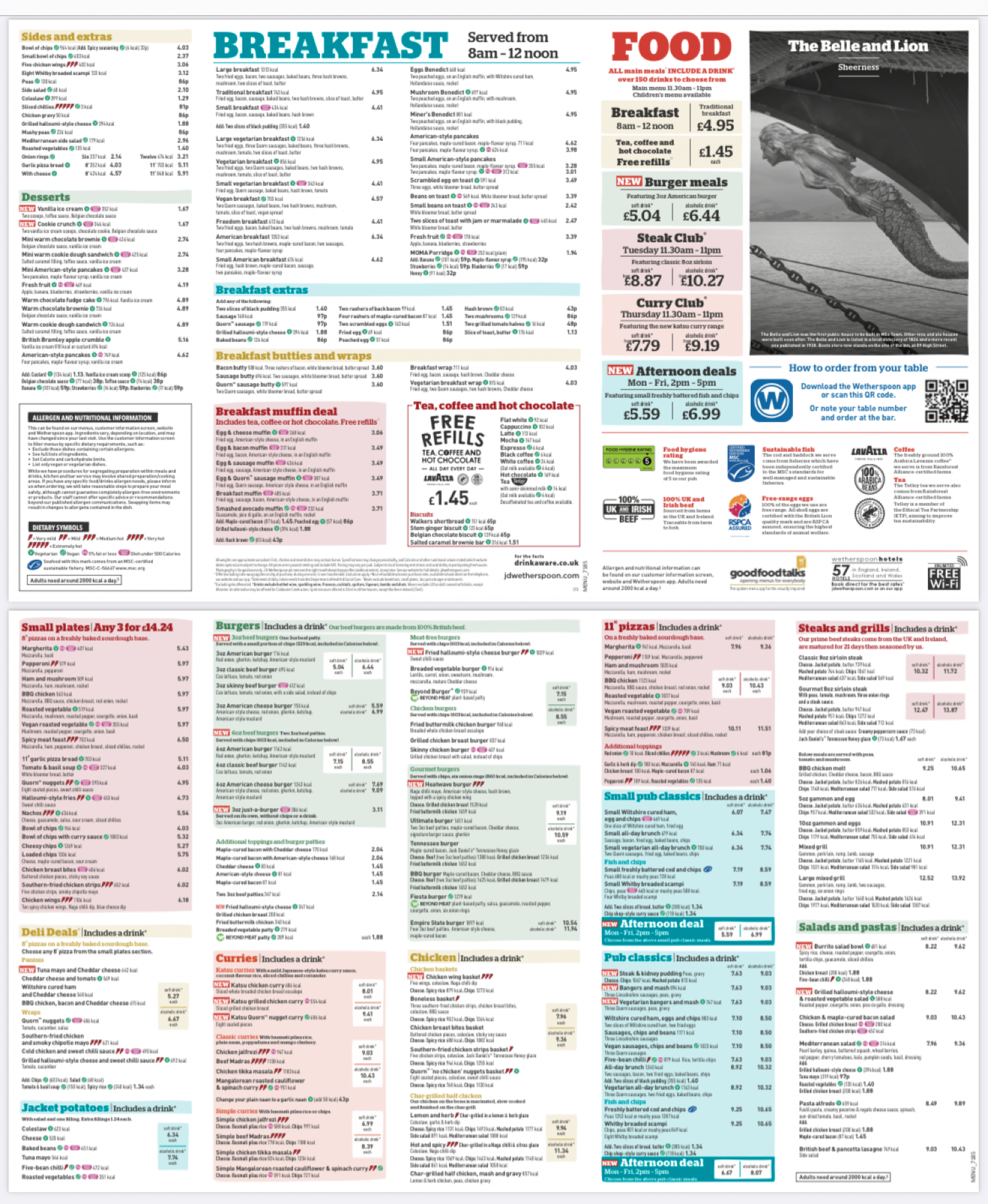 Takeaway Restaurant Menu Page - Wetherspoons – The Belle and Lion - Sheerness