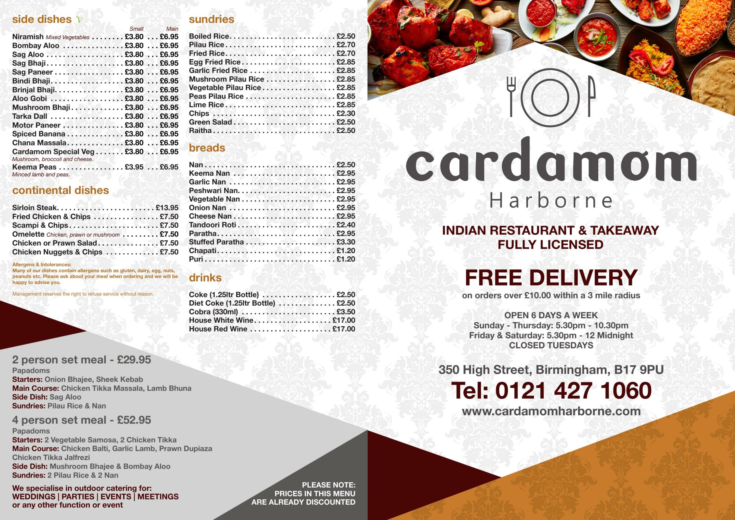 Cardamom Indian Restaurant Harborne - main menu