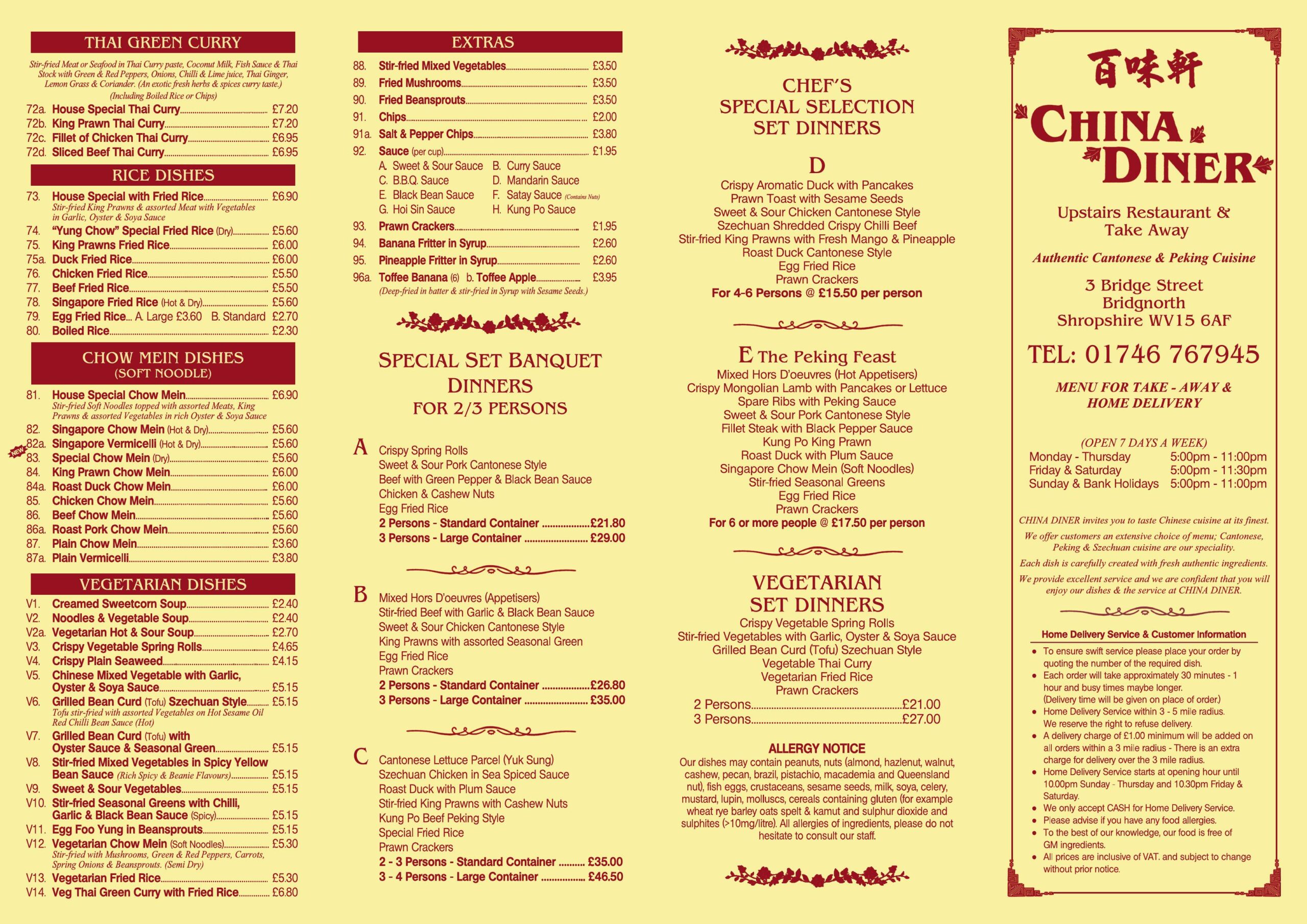 China Diner Cantonese Restaurant Bridgnorth - main menu