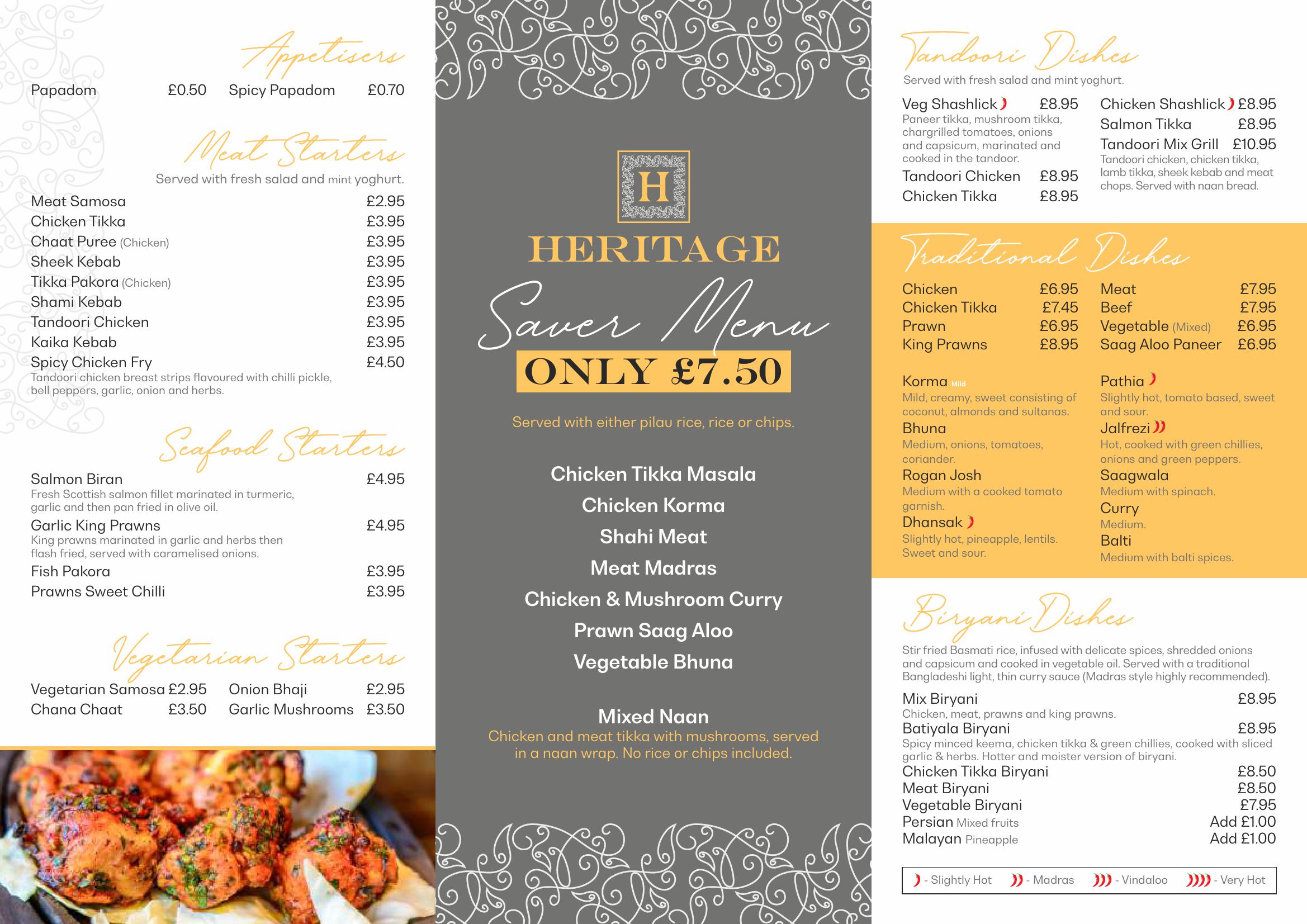 Heritage Indian Restaurant - main menu