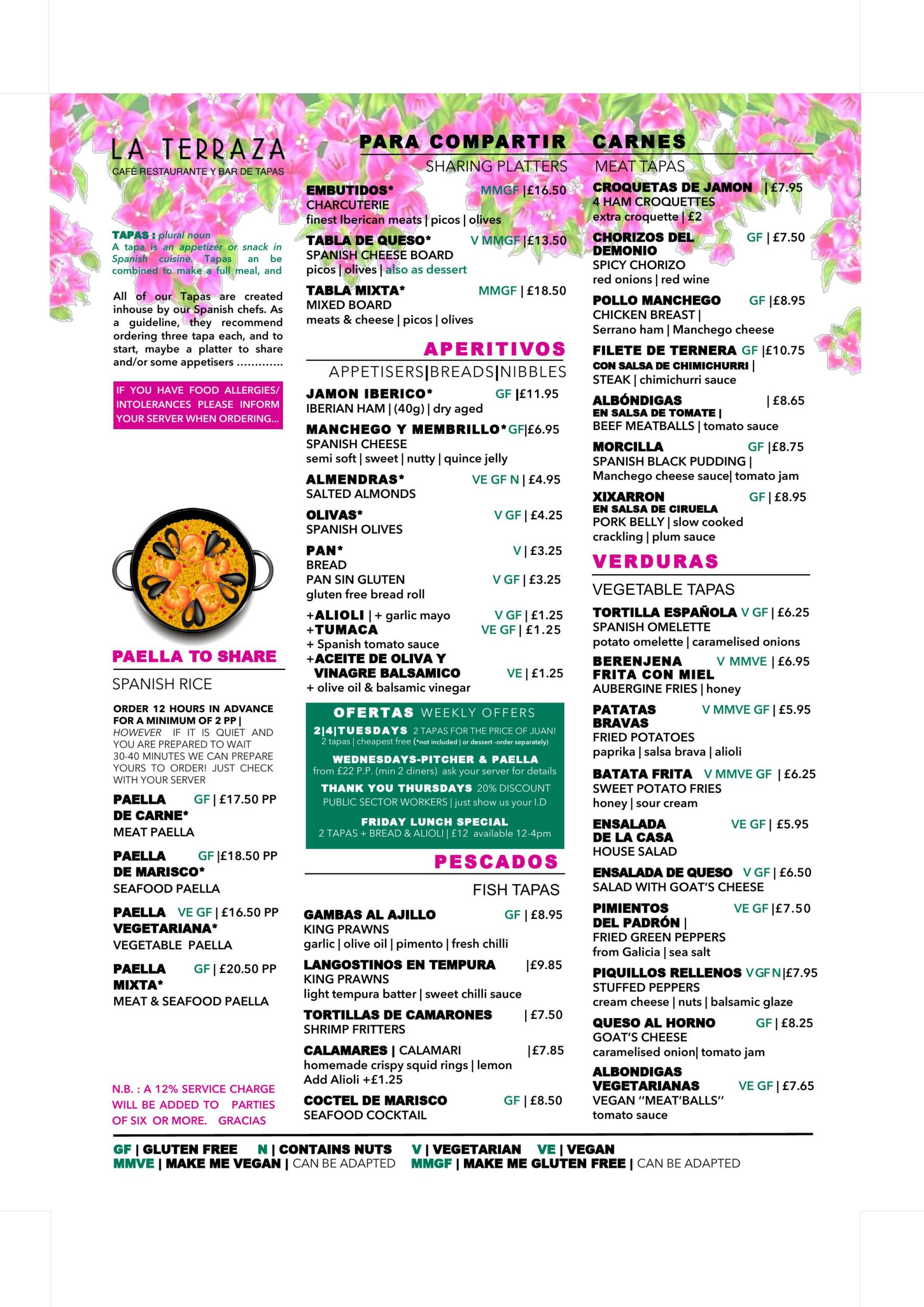 La Terraza Tapas Bar - main menu