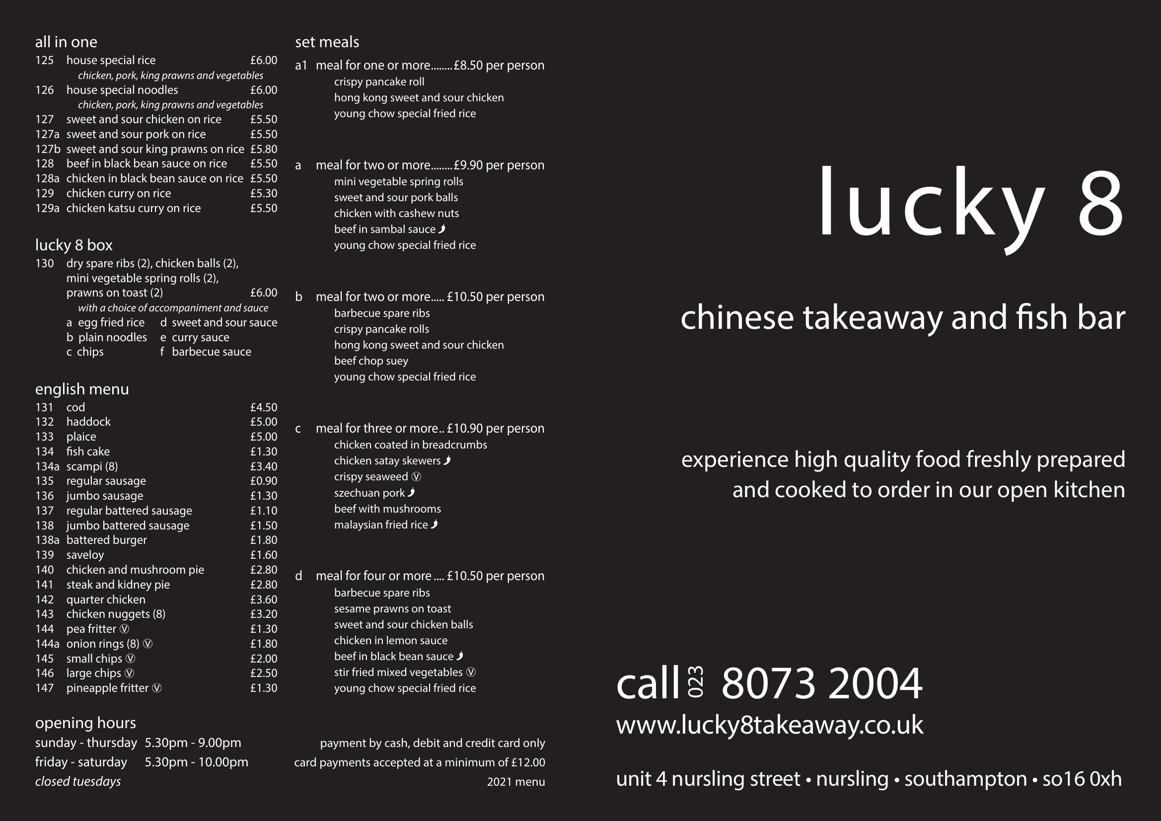 Lucky 8 Chinese takeaway and Fish Bar - main menu