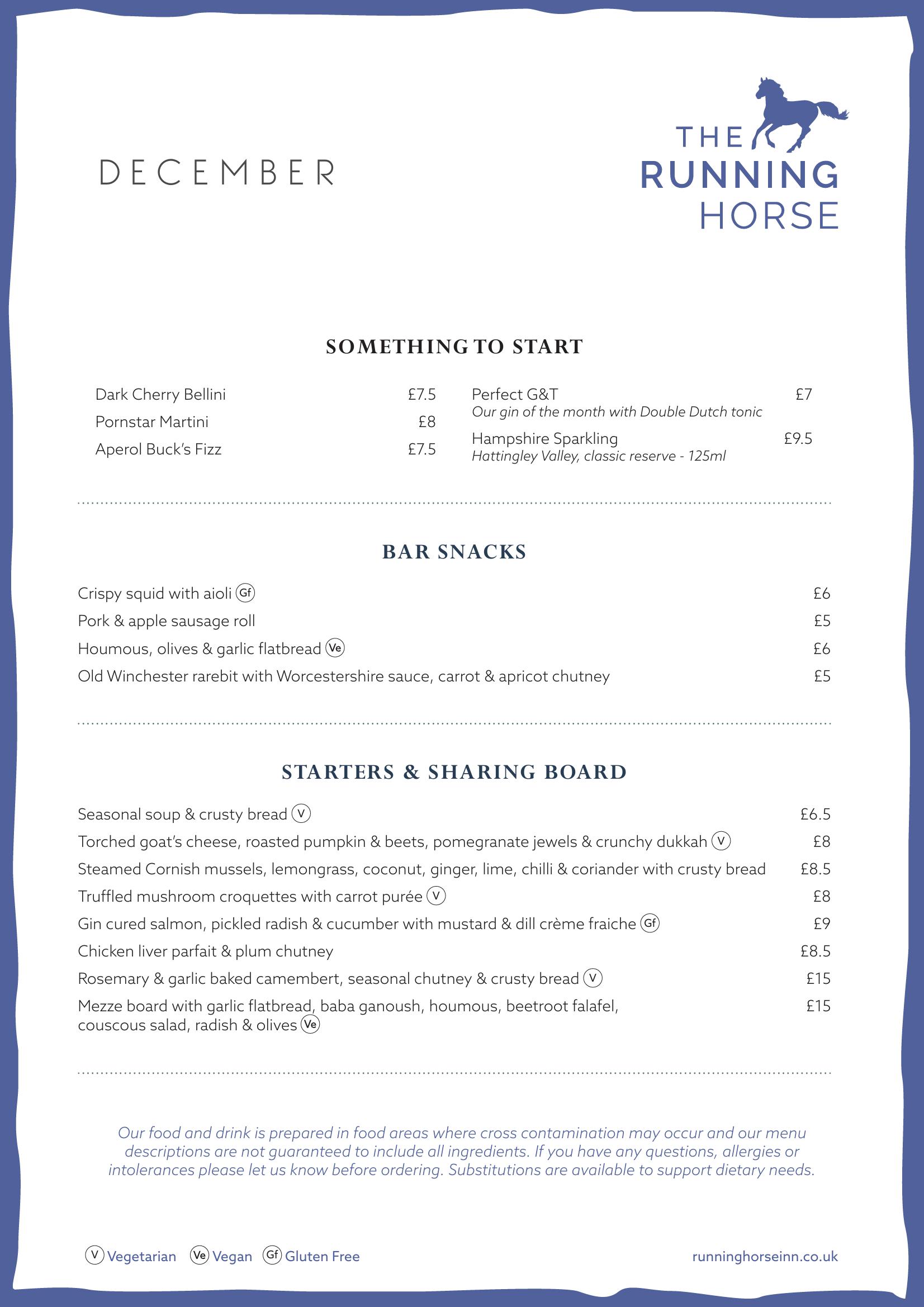 The Running Horse Pub Winchester Hampshire - main menu