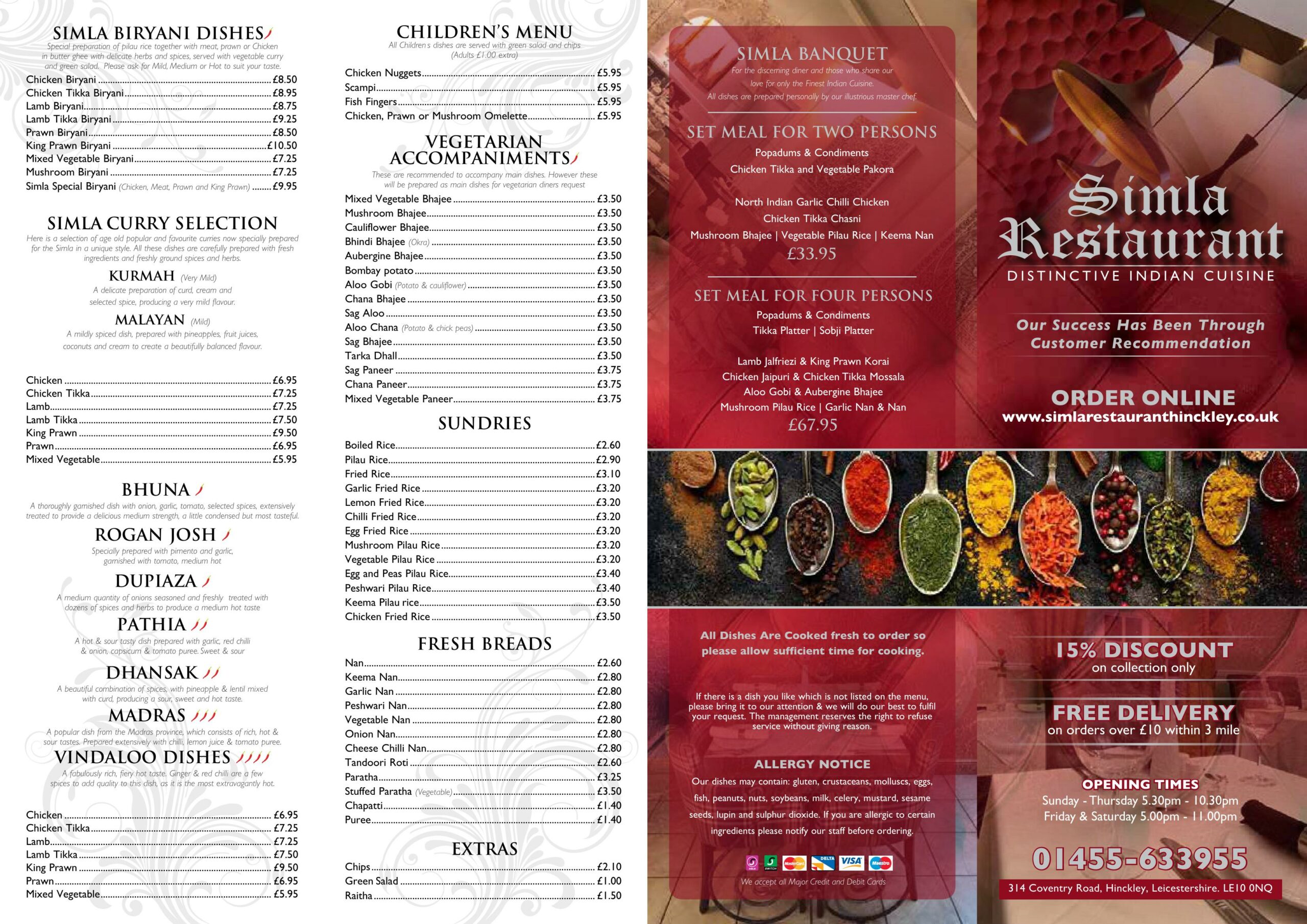 Simla Indian Restaurant - main menu