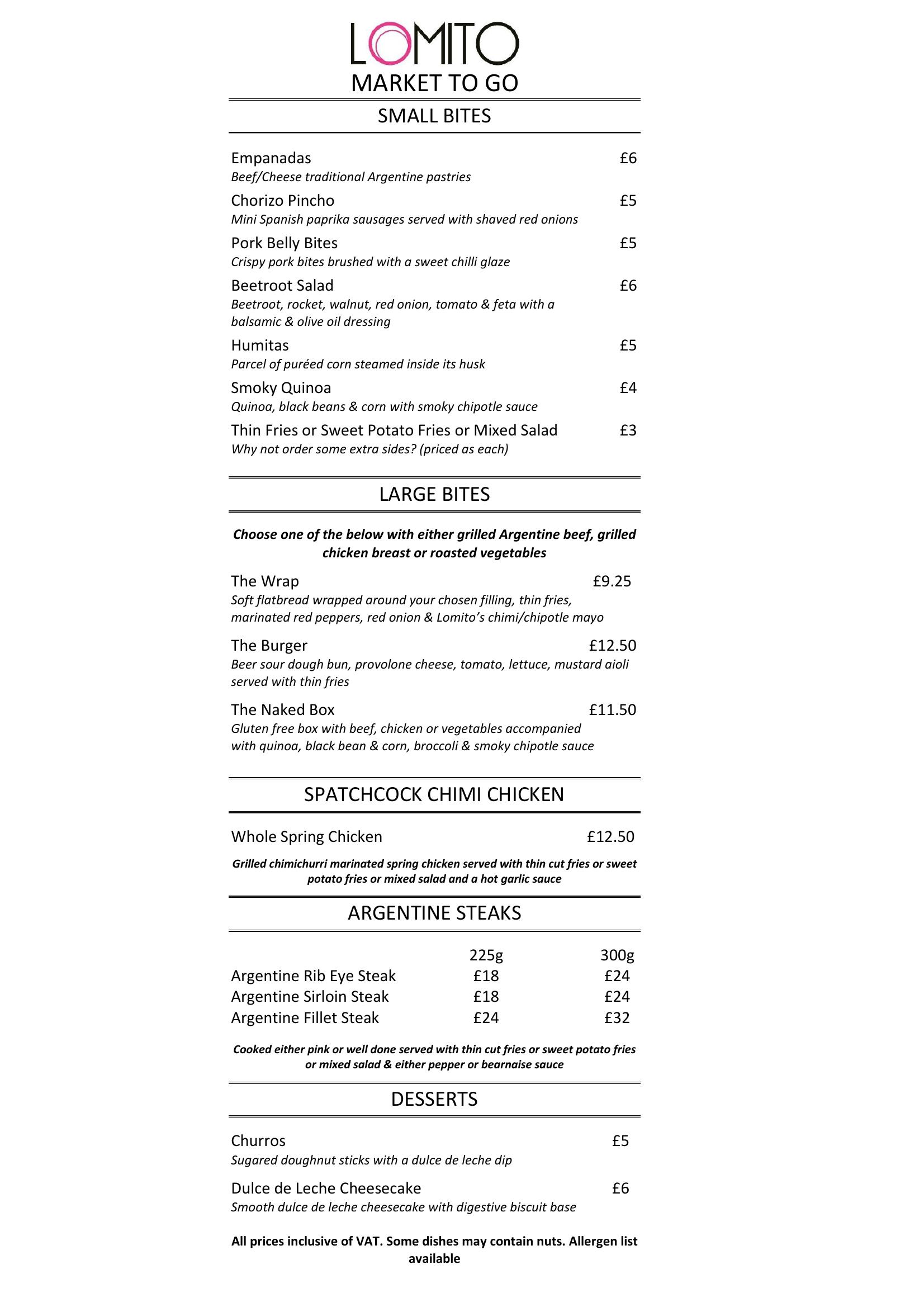 Lomito Anglo-Argentine restaurant Northwood Middlesex - main menu