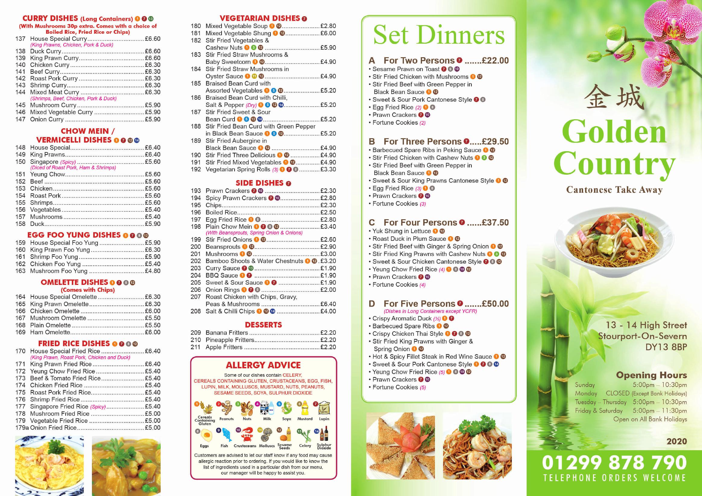 Golden Country Restaurant and Takeaway - main menu